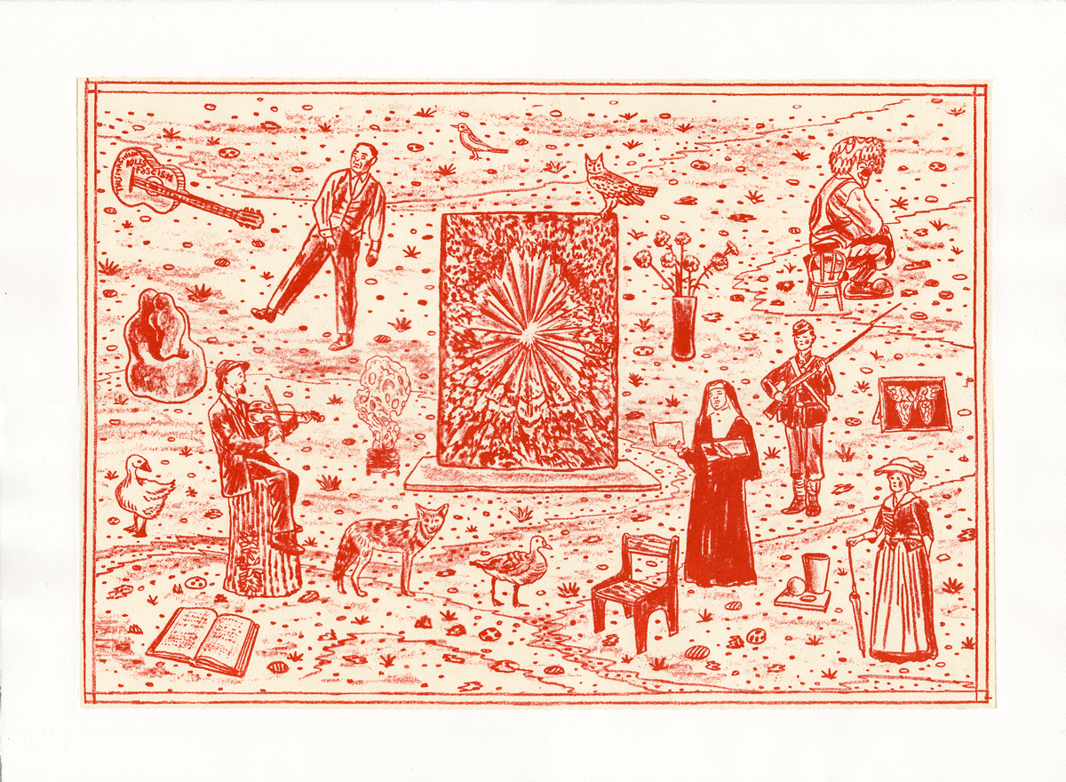 Red woodblock print depicting a surreal landscape populated with figures engaged in various activities around a central radiant burst pattern. The composition includes musicians, readers, standing figures in robes, animals, and scattered objects across a textured background dotted with organic forms and plant-like elements, rendered in bold linear marks against a cream-colored paper.