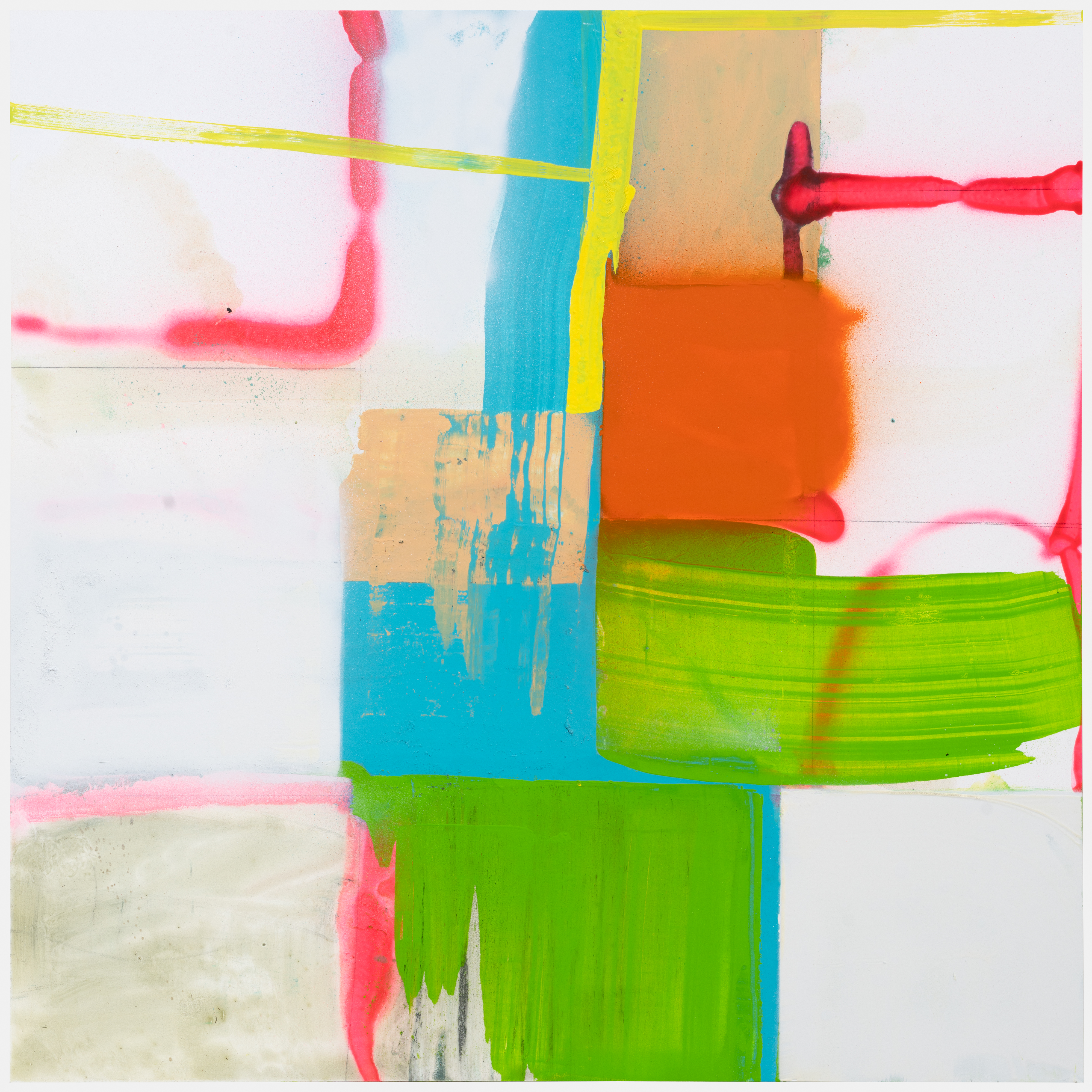 Abstract composition on a white ground featuring bold intersecting bands of vibrant color—bright green, electric blue, yellow, orange, and hot pink—applied with gestural brushstrokes and linear marks. Layered translucent and opaque passages create depth and visual movement across the rectangular surface.
