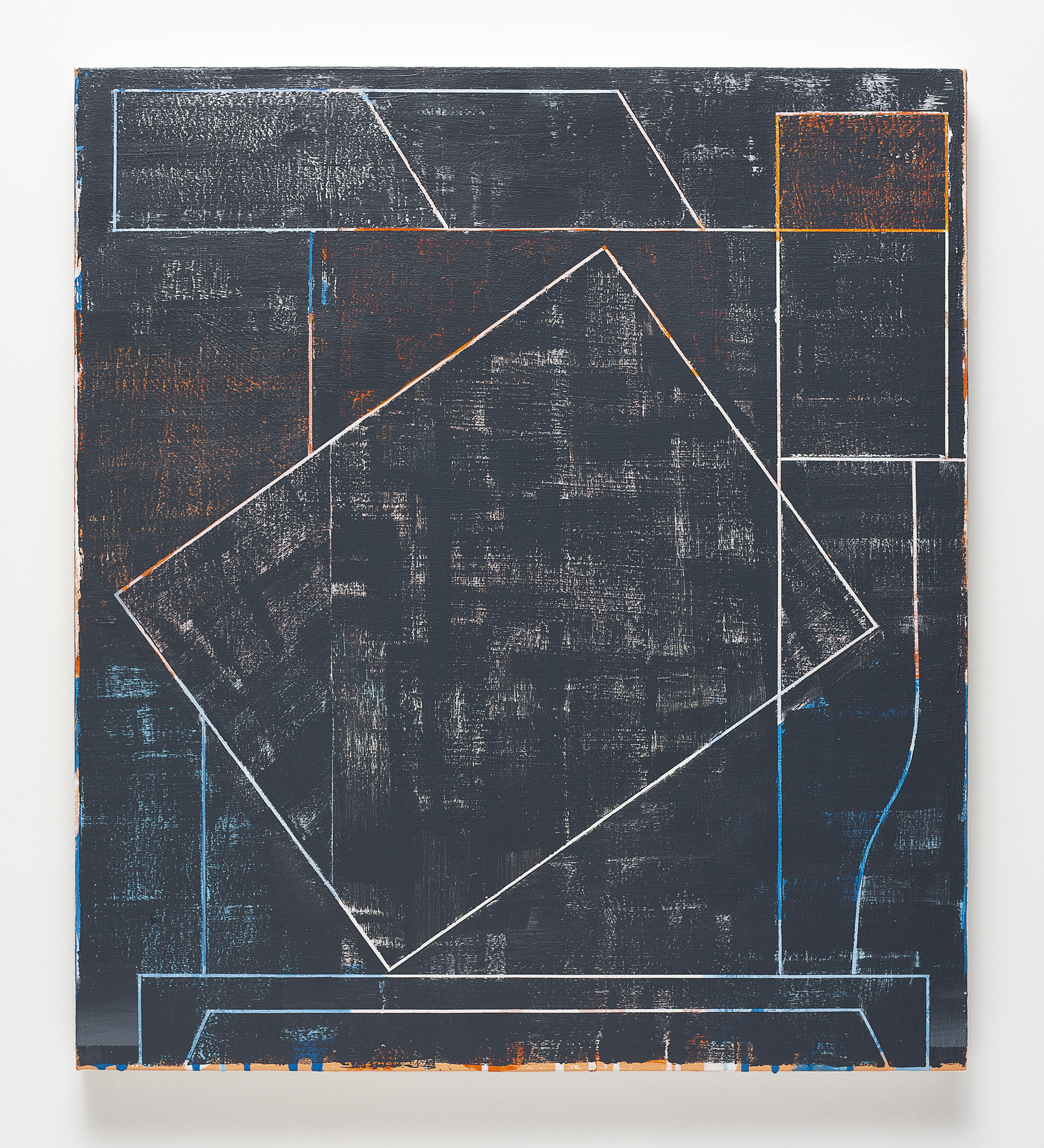 A dark charcoal canvas features geometric shapes outlined in white, blue, and orange lines, including a diamond form rotated at the center and rectangular sections arranged around it. The surface shows visible texture and weathering with areas of rust-colored and blue patina, creating a layered, industrial aesthetic.