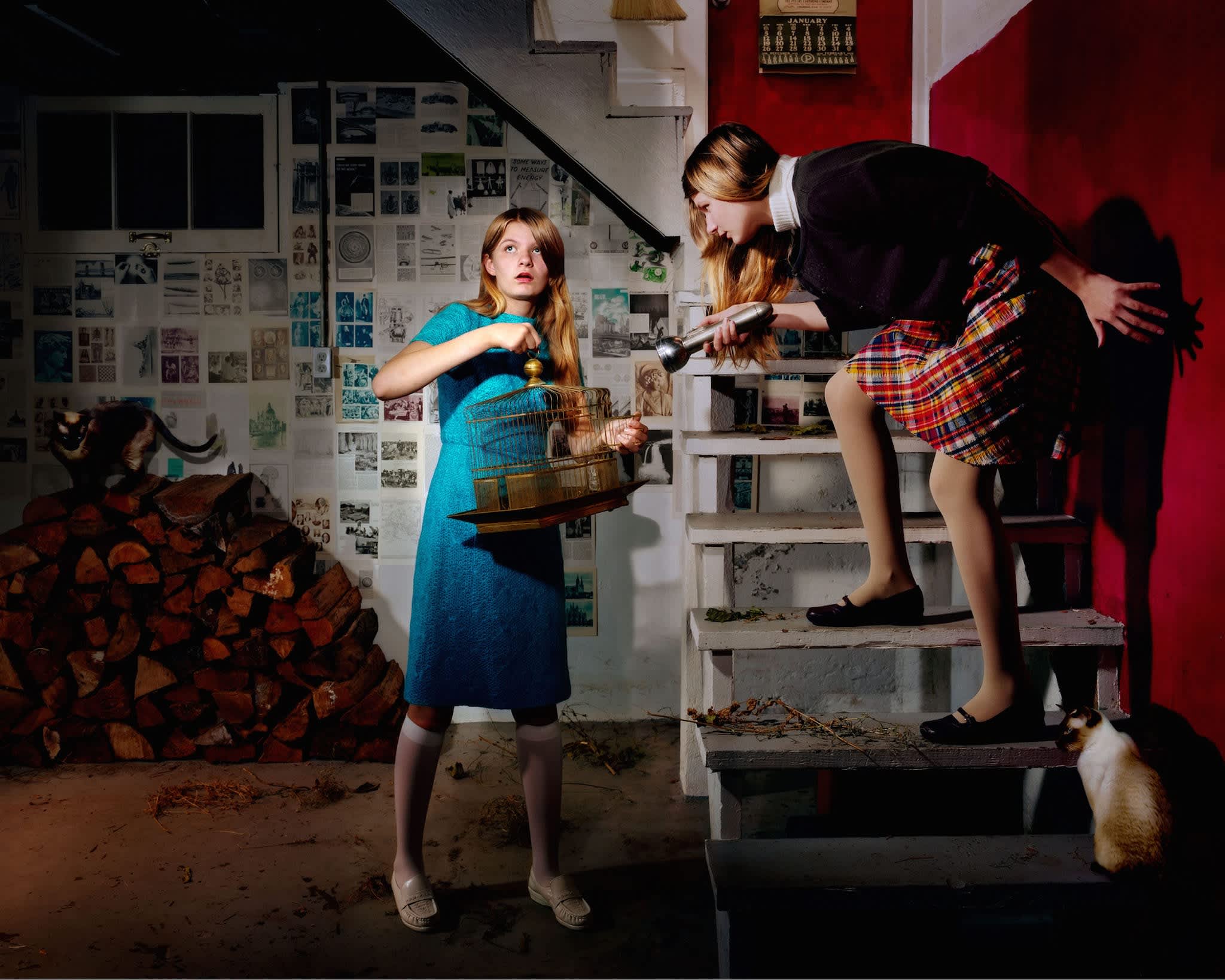 Two young women in a cluttered studio space examine a wooden birdcage together. One wears a turquoise dress and holds the cage while looking upward; the other stands on white steps wearing a black blazer and plaid skirt, leaning down with a flashlight. The background features red walls, a white shelving unit, architectural sketches and photos pinned to the walls, and stacked firewood on the left. The composition uses dramatic lighting and rich color contrasts.
