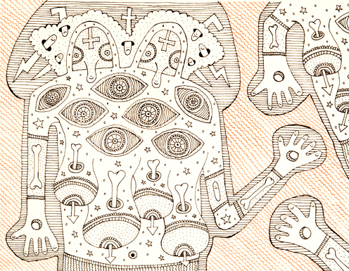 Line drawing in sepia ink on paper depicting an abstracted human figure composed of intricate geometric patterns, celestial symbols, and anatomical elements including eyes, bones, and organs arranged in a symmetrical, mandala-like composition with decorative borders and ornamental details throughout.