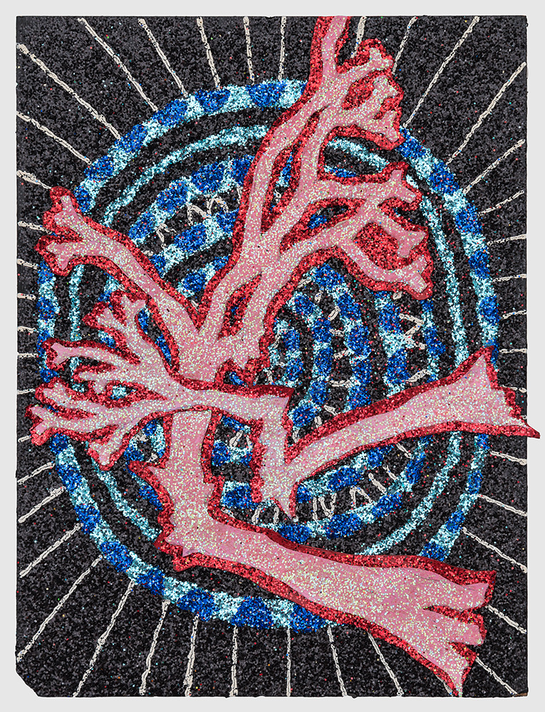 A stylized portrait rendered in red, blue, and cyan glitter with white linear rays emanating from the figure against a dark textured background. The face features bold, expressive contours outlined in red with intricate patterning created through layered sparkly materials.