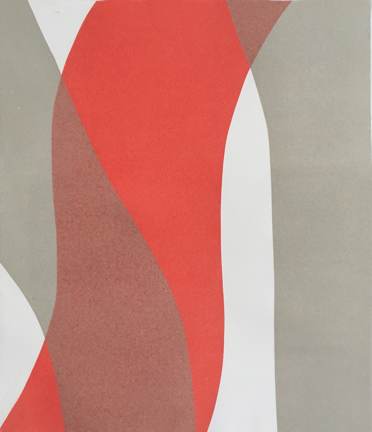 Abstract geometric composition featuring overlapping curved and angular shapes in coral red, taupe, white, and warm gray tones. The layered paper or print creates subtle shadows and dimensional effects across the vertical composition.