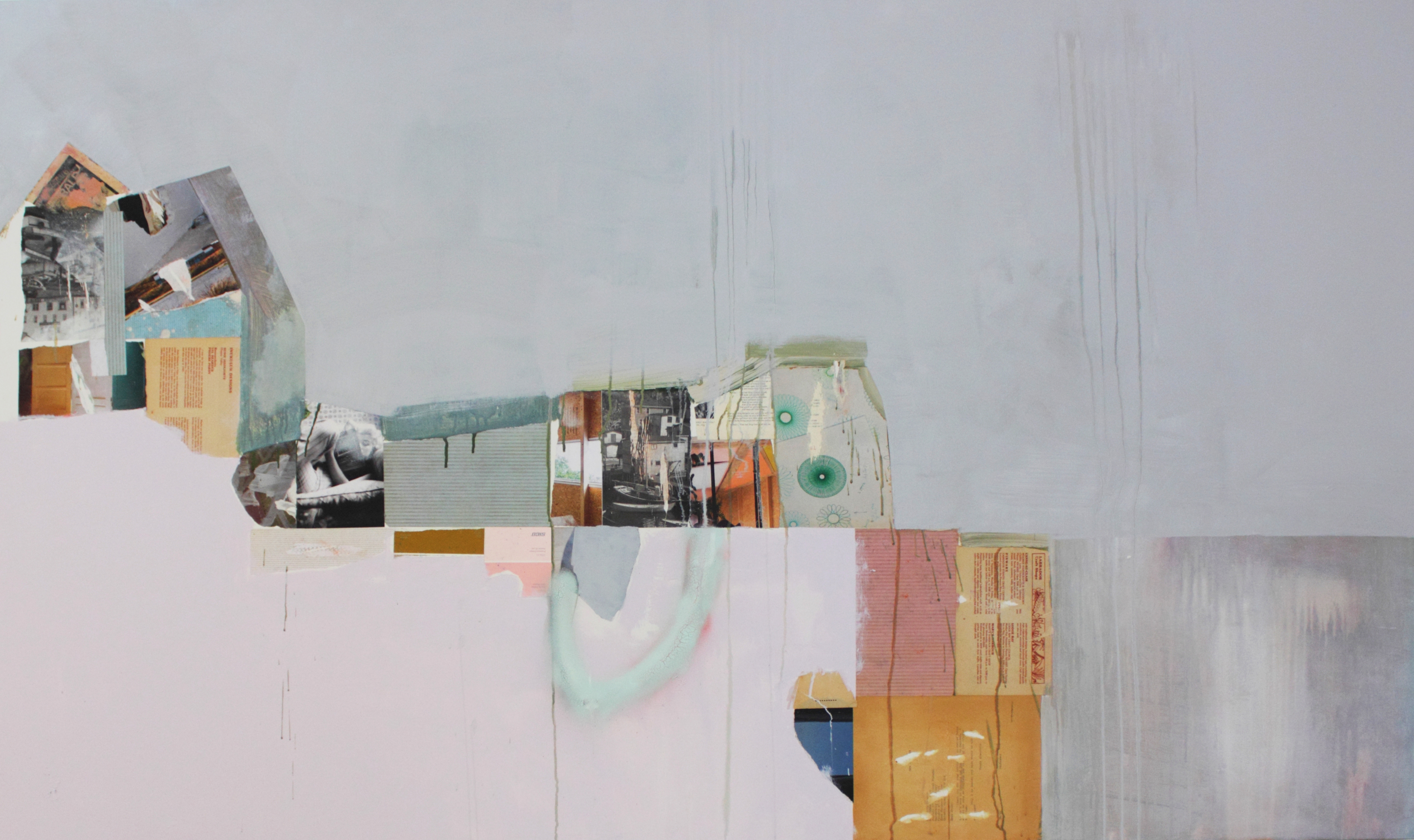 A horizontal collage combining photographs, painted sections, and architectural imagery. Layered elements include corrugated metal panels, interior domestic spaces, architectural drawings, and soft washes of pink, green, and ochre paint, creating an abstracted landscape-like composition that reads from left to right with varying depths and transparency.