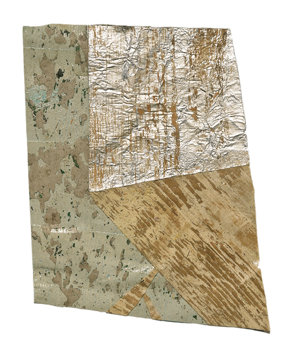 An abstract mixed-media composition featuring layered materials including textured paper with dark speckles, metallic foil with linear patterns, and natural wood grain, arranged in an angular, tilted composition in muted earth tones of beige, tan, and brown.