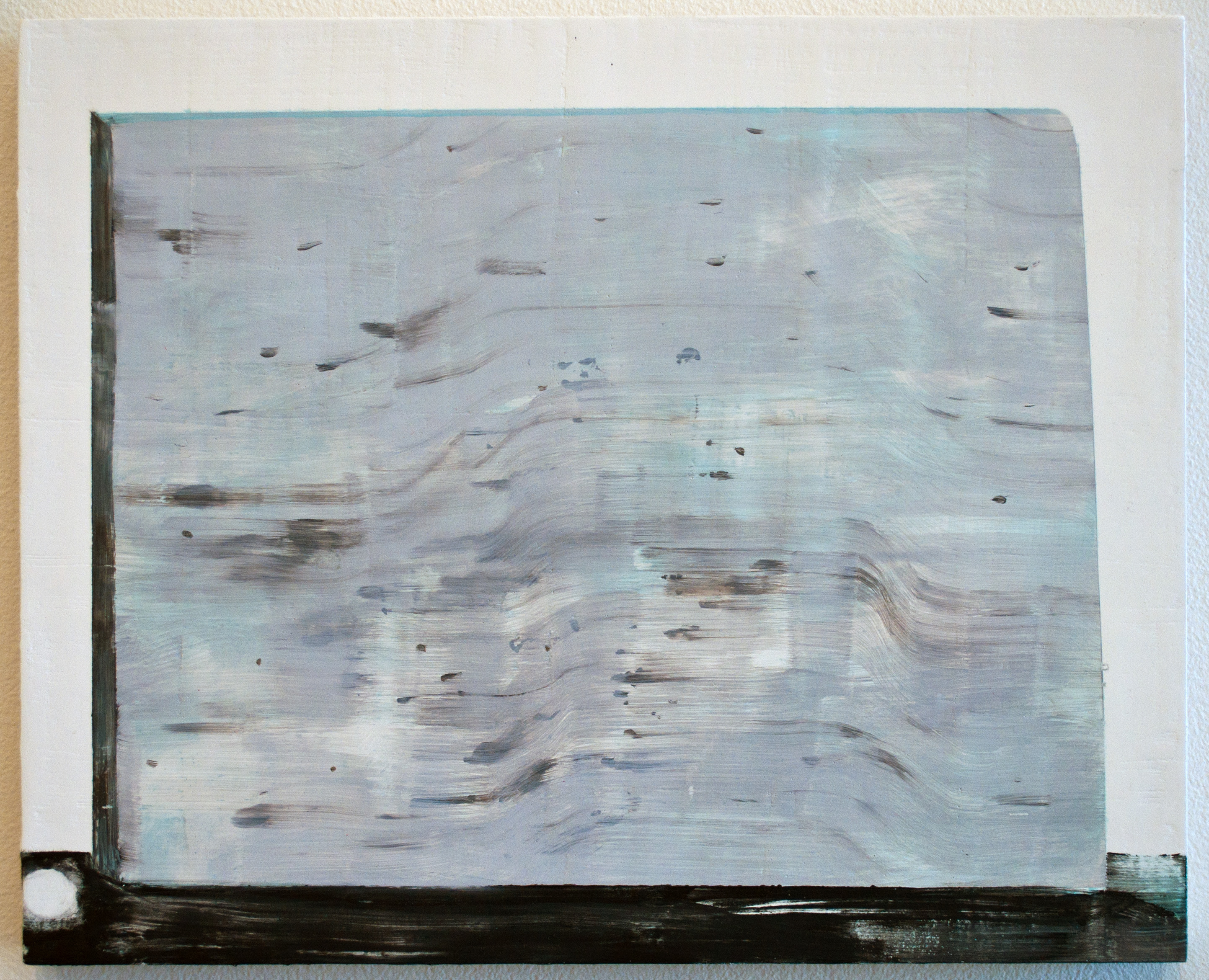 Abstract painting on panel featuring soft, gestural brushstrokes in pale blues, grays, and whites with darker brown and black accents scattered across the composition. A bold dark horizontal band frames the bottom of the work, creating stark contrast with the ethereal, layered surface above.
