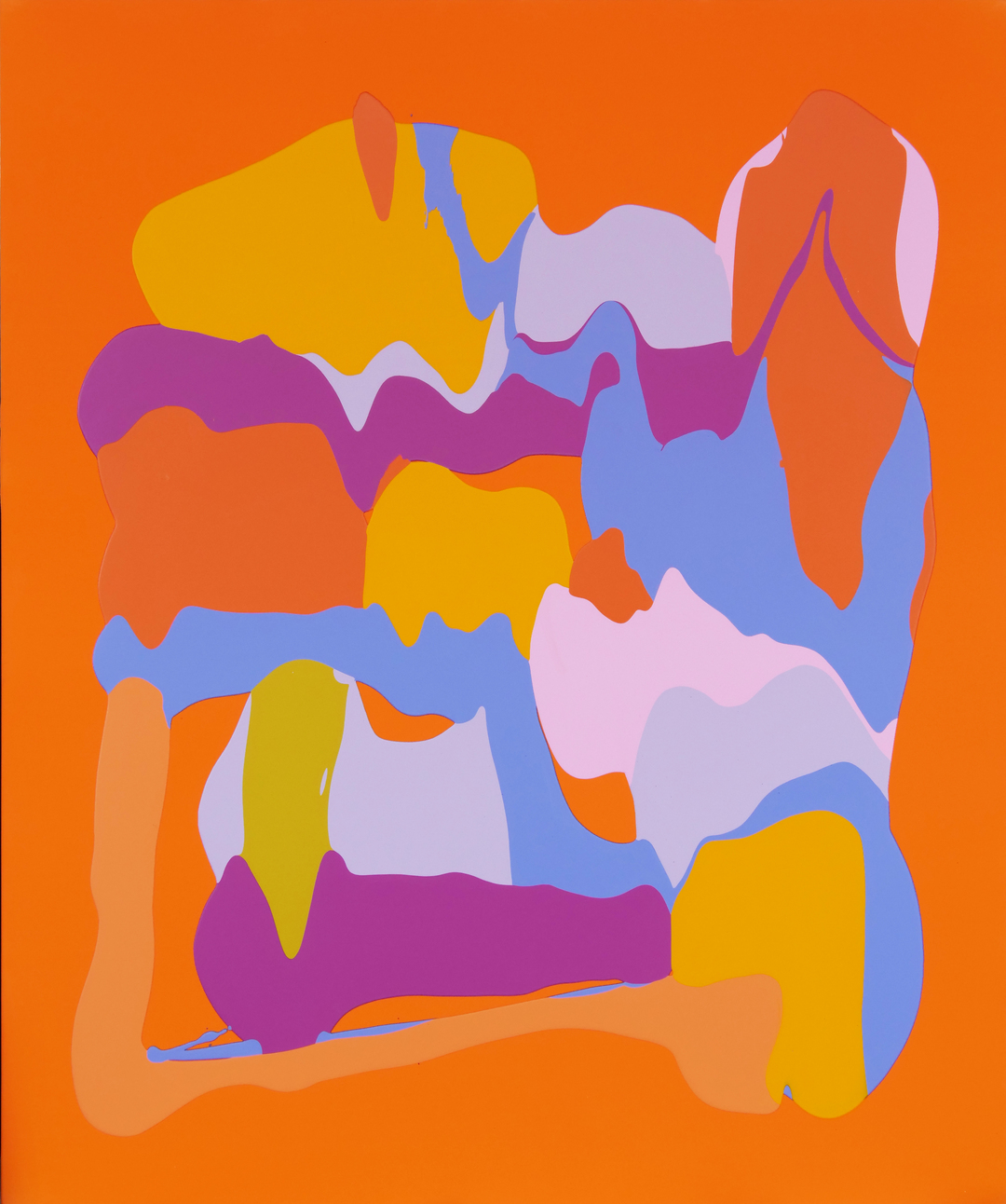 Vibrant abstract composition featuring overlapping organic shapes in shades of blue, yellow, magenta, pink, and coral against a bright orange background. The layered forms create a dynamic, flowing composition with soft, undulating edges.