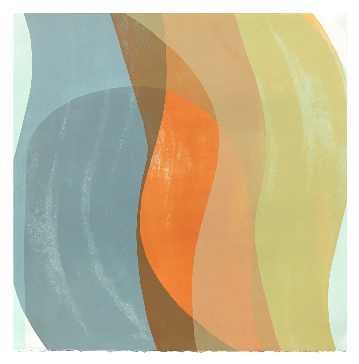 Layered curved bands of translucent color—blue-grey, brown, peach, orange, and pale yellow—overlap and shift across the composition, creating depth through transparency and gentle wave-like forms. The soft, textured surface and muted palette suggest a serene, abstract landscape of flowing organic shapes.
