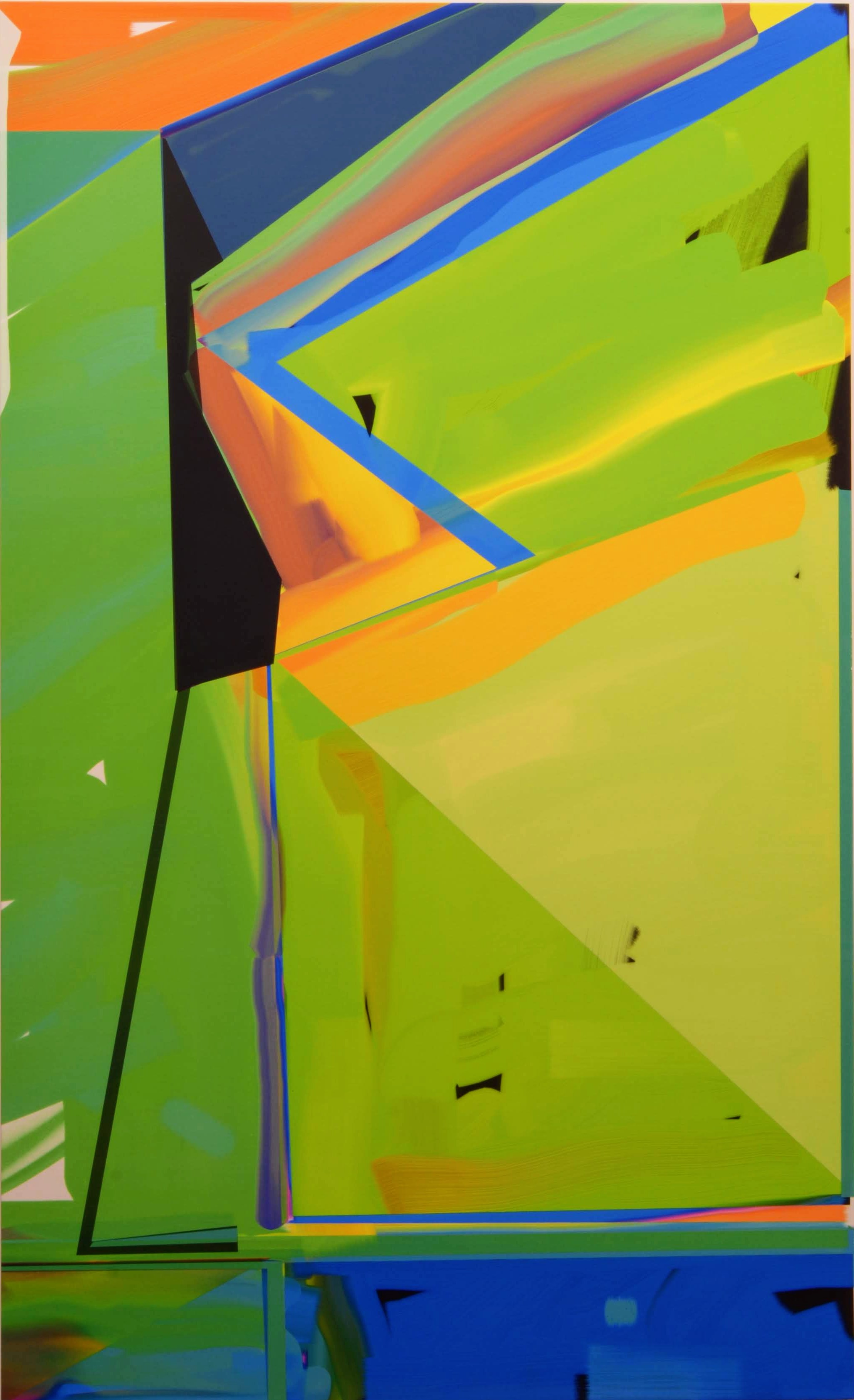 A vibrant abstract composition of overlapping geometric planes in lime green, orange, blue, and yellow, creating a three-dimensional effect through layered angular forms and bold color blocking. Black lines and shadows define the edges and depth of the interlocking shapes against a dynamic, gradient background.
