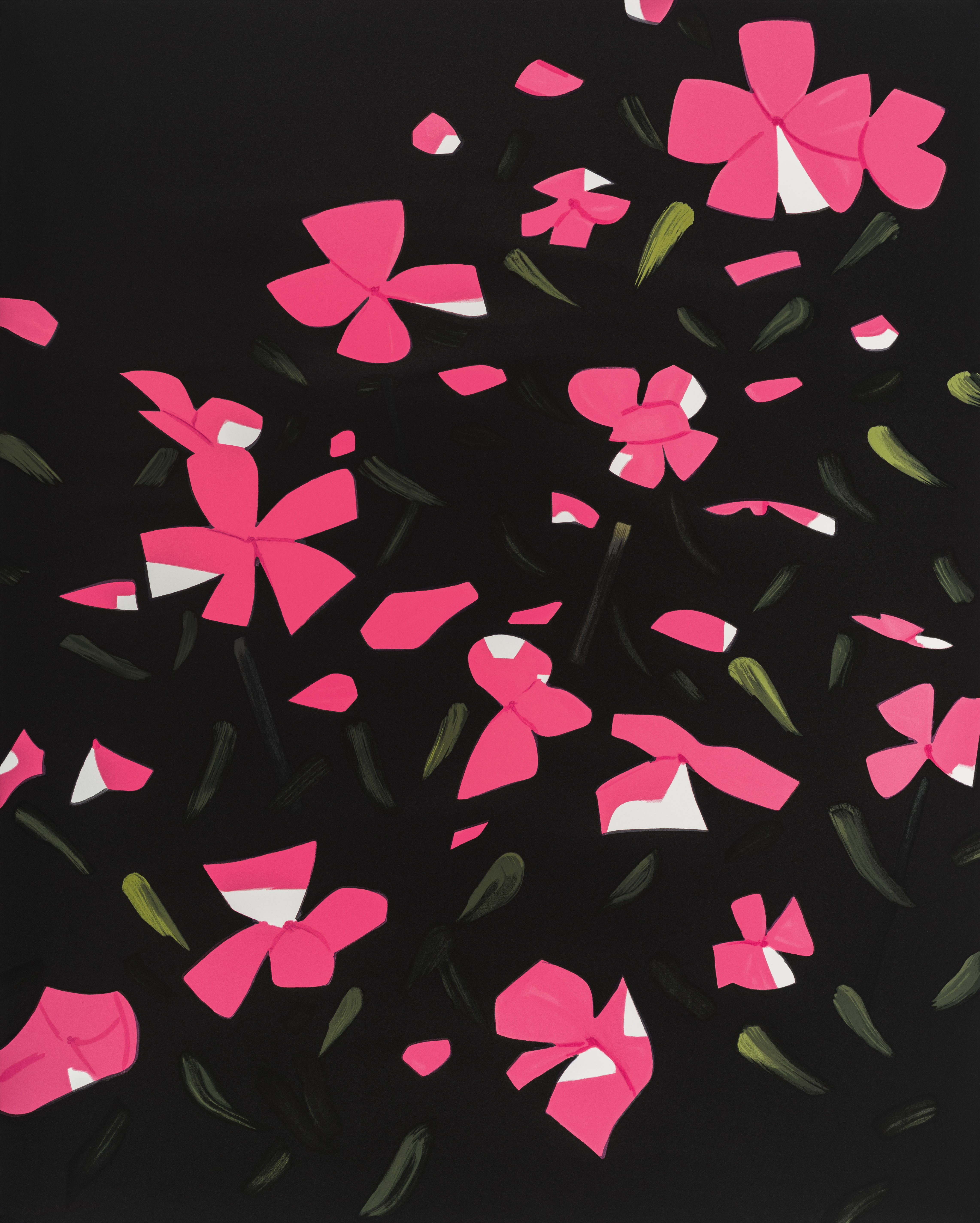 Bright pink stylized flowers with white accents scatter across a black background, interspersed with dark olive-green brushstroke leaves. The composition uses flat, geometric petal shapes rendered in vibrant contrasting colors against the dark field.