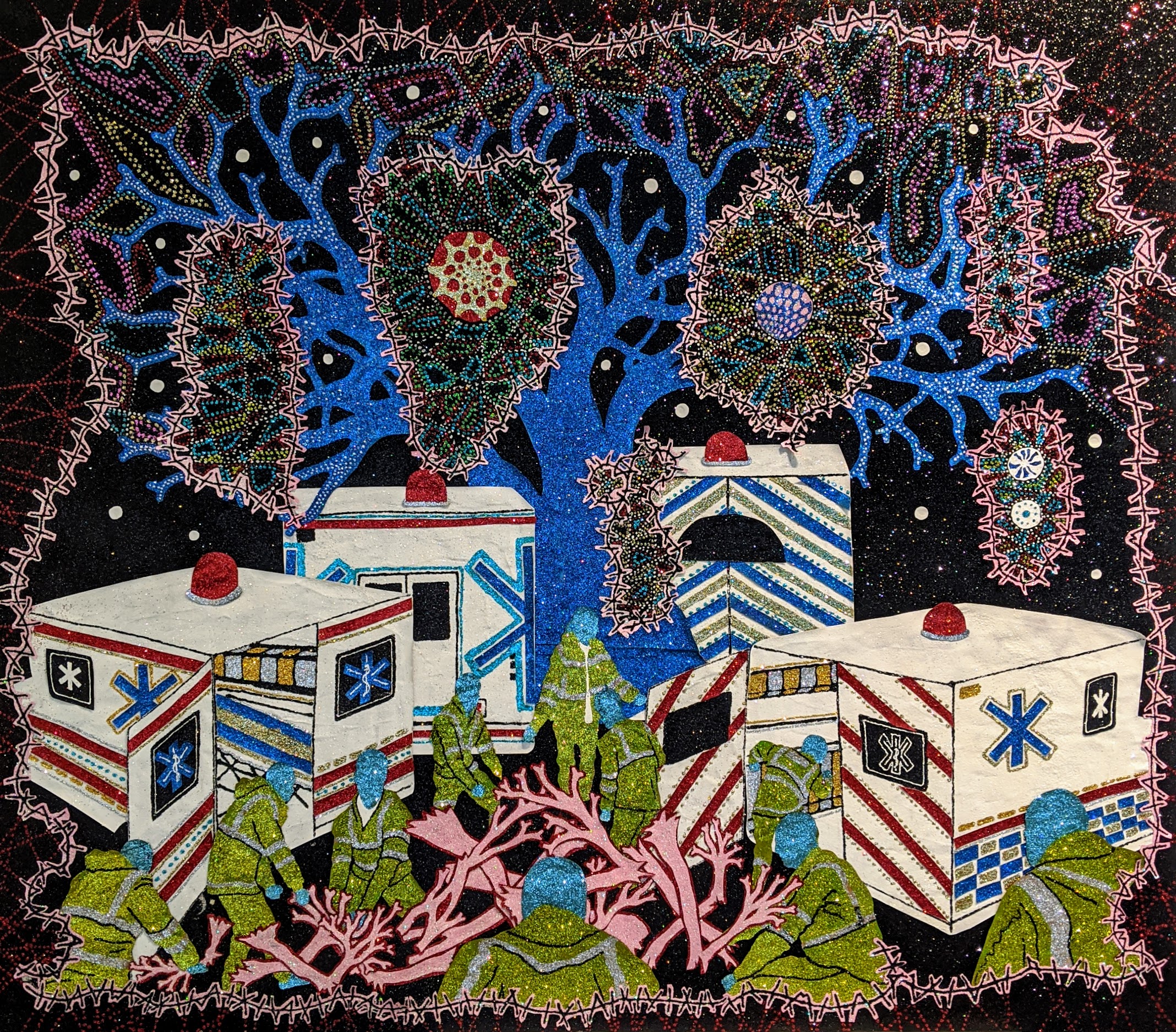 A richly detailed cut paper and mixed media composition depicting two modernist ambulances surrounded by surreal vegetation beneath an ornate, cosmic sky. The scene features geometric buildings decorated with medical symbols in red, white, and blue, nestled among pink branching forms and green foliage, all framed by an elaborate border of intricate patterns, glittering elements, and radiating decorative designs against a deep black background.