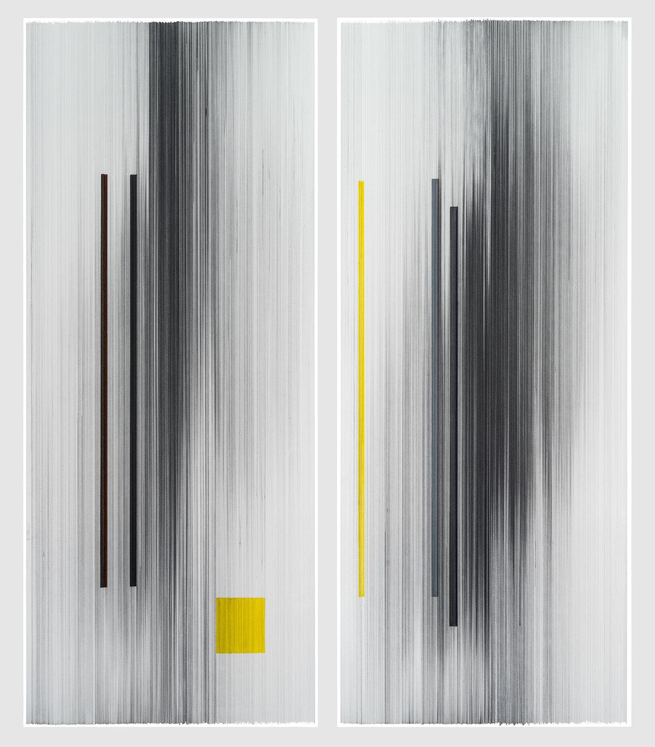 Two vertical panels filled with dense, parallel graphite lines creating a textured, striped surface. Dark brown and black vertical bars appear in the upper portion of the left panel, while a bright yellow square sits in the lower center. The right panel features a yellow vertical line in the upper-middle section and dark gray and black bars, maintaining the same linear background texture throughout both compositions.