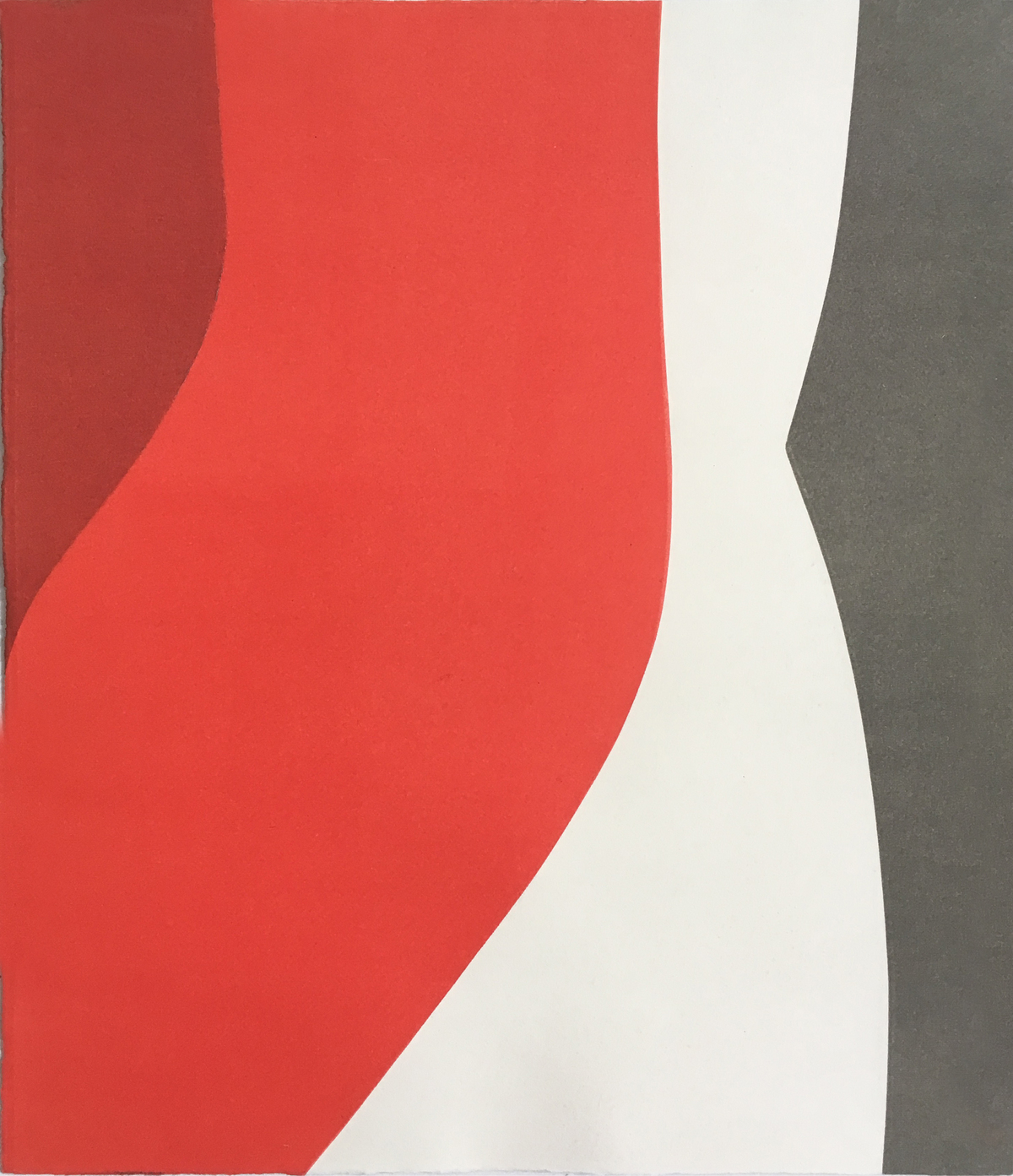 Abstract composition featuring bold curved forms in red, white, and dark gray. The overlapping organic shapes create a sense of movement and depth across the vertical canvas, with sharp edges contrasting against softly curved boundaries.