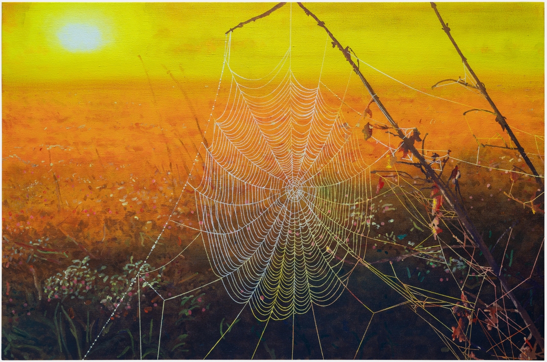 A delicate spiderweb rendered in white and pale yellow dominates the center of the composition, suspended between dark branches against a dramatic landscape. The background transitions from golden yellow and orange tones in the sky to deep browns and blacks in the lower half, with silhouetted vegetation and organic forms creating depth across the layered scene.