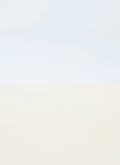 Minimalist composition divided horizontally into two soft color fields—pale blue-gray above and warm beige below—creating a serene, atmospheric study in subtle tonal gradation.