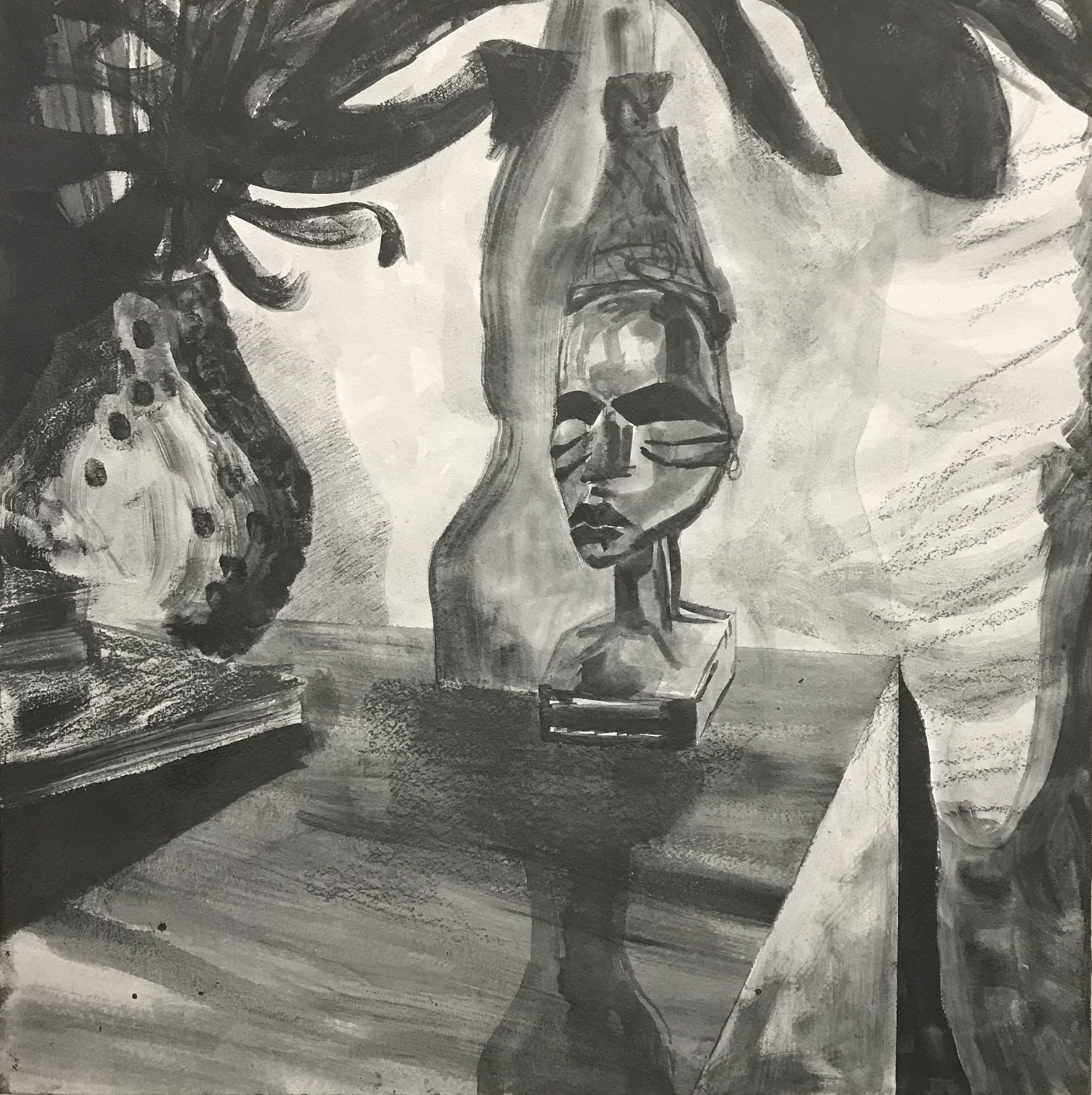 A black and white drawing featuring a sculptural bust with geometric, angular features positioned centrally on a pedestal. Surrounding the bust are organic, flowing forms with curved lines and textured surfaces that create a dreamlike composition. The work employs varied graphite tones ranging from deep black to pale gray, creating depth and contrast throughout the layered, atmospheric scene.