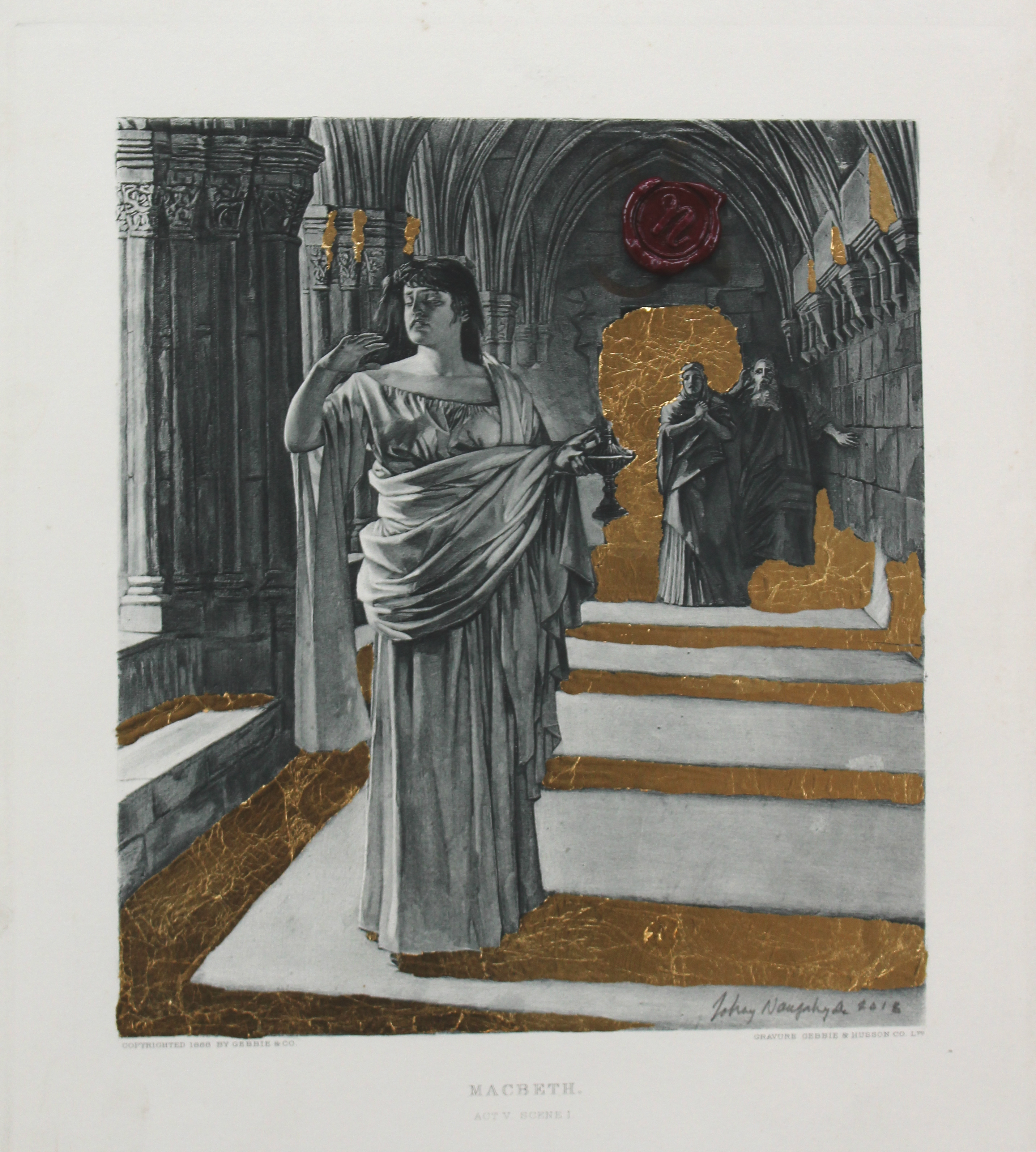 A classical female figure in flowing robes stands within an ornate cathedral interior, gesturing dramatically toward a gilded archway where two shadowy figures emerge. The composition combines detailed graphite rendering of Gothic architecture with bold gold leaf accents applied to the floor, archway, and surrounding surfaces, creating striking contrast against the monochromatic background.