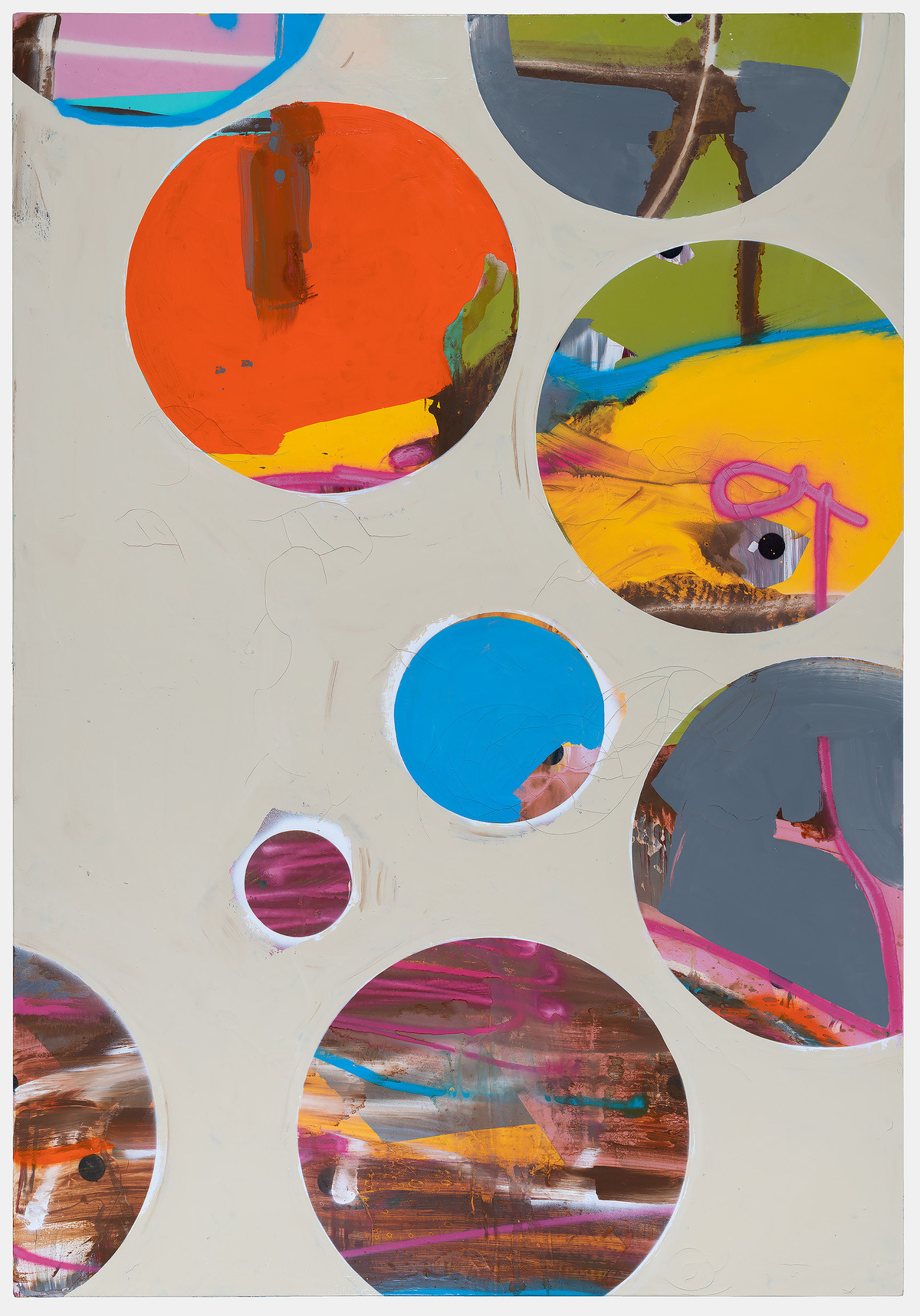 Abstract composition featuring overlapping circular cutouts of varying sizes arranged on a cream-colored canvas, each revealing layers of vibrant gestural brushwork in orange, yellow, blue, magenta, and earth tones beneath. Bright colored bands and organic marks visible through the circular apertures create a dynamic, playful interplay between the painted ground and the geometric forms.
