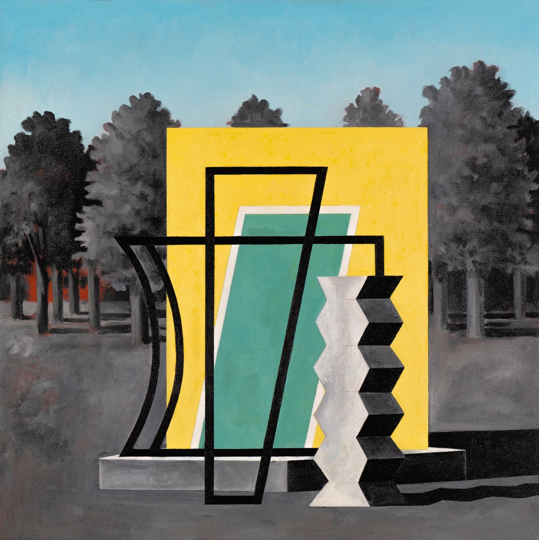 A geometric composition featuring a bold yellow rectangle with turquoise and white rectangular forms overlaid with black linear elements. In the foreground, a white sculptural form with black and gray faceted surfaces suggests an abstract architectural element. The background depicts a tree-lined avenue rendered in muted grays and earth tones, creating spatial depth behind the vivid geometric forms.