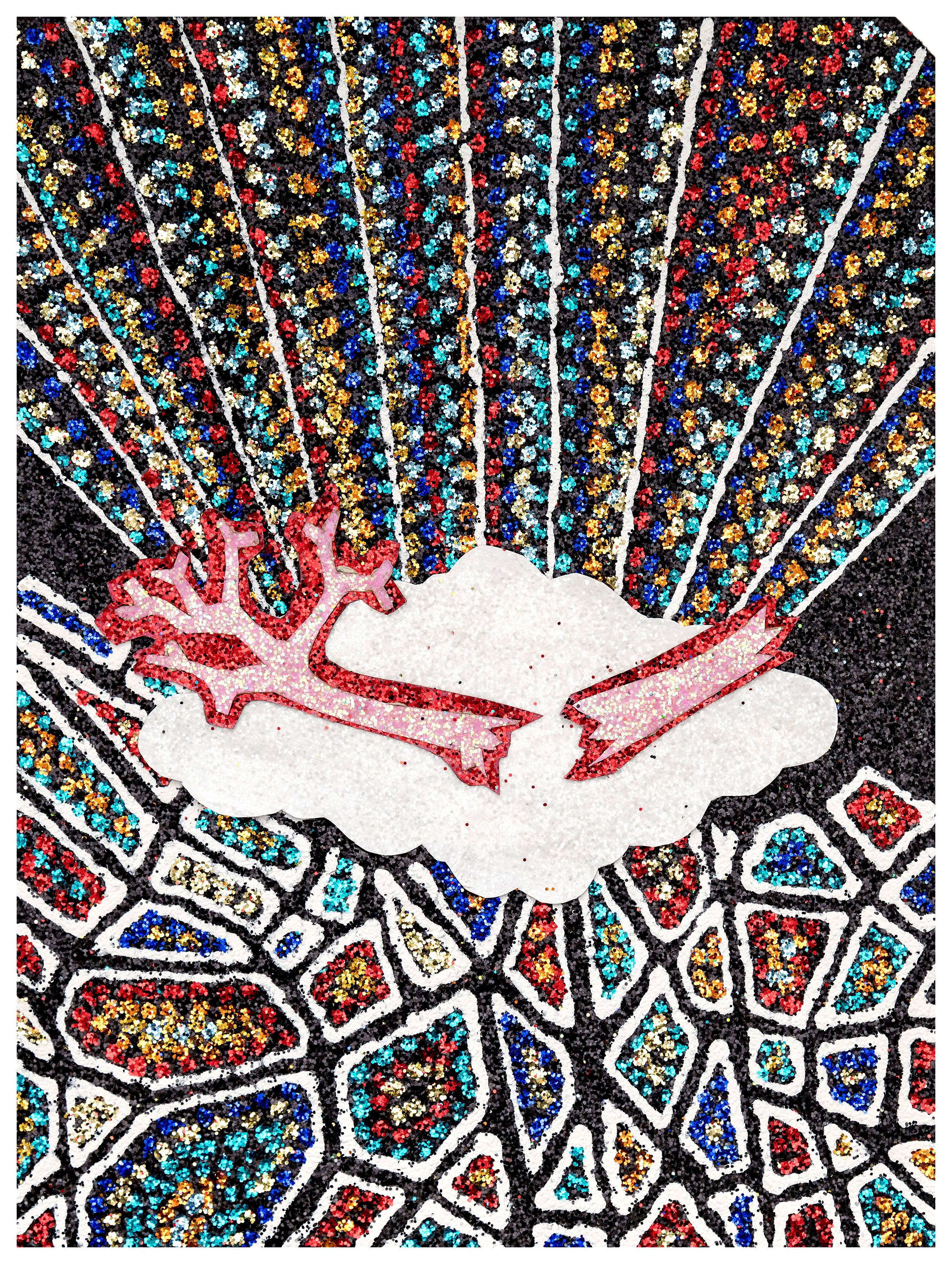 A white hand with red glitter outlines emerges from the center of the composition, surrounded by radiating strands of multicolored sequins and glitter in blue, red, gold, and cyan arranged in linear and geometric patterns against a black background.