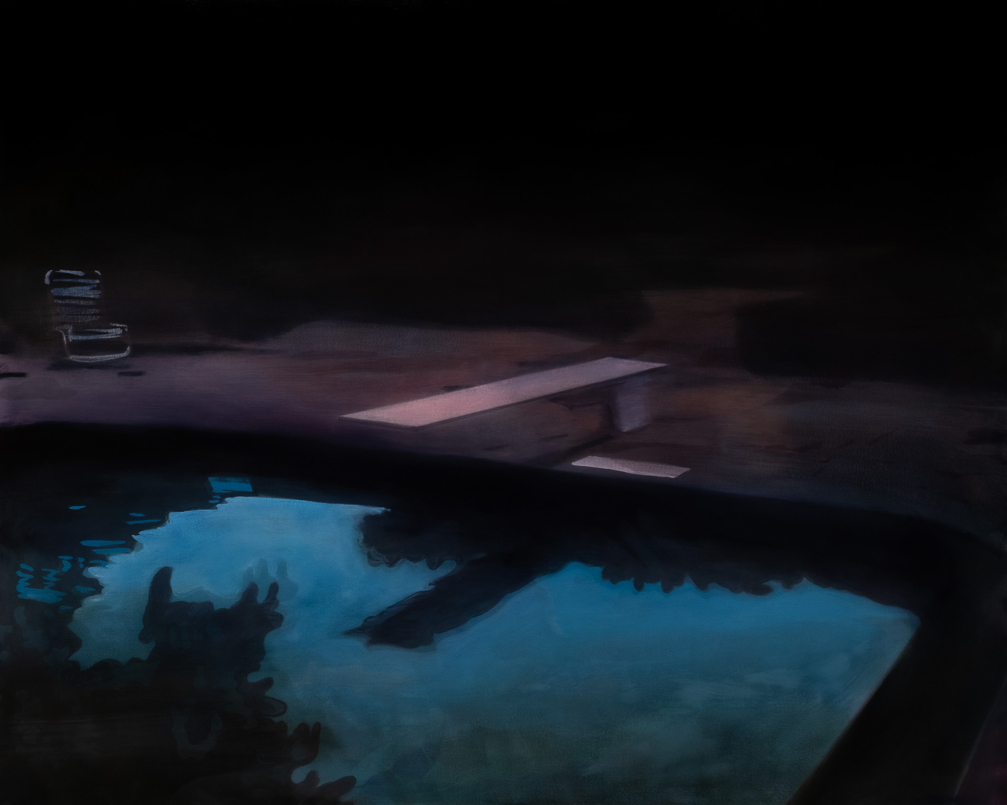 A dimly lit interior scene with a wooden platform or desk in warm tones occupying the upper portion, while a luminous blue-green pool or body of water with dark reflective surfaces dominates the lower foreground, creating a stark contrast between the earthy workspace above and the glowing aquatic form below.
