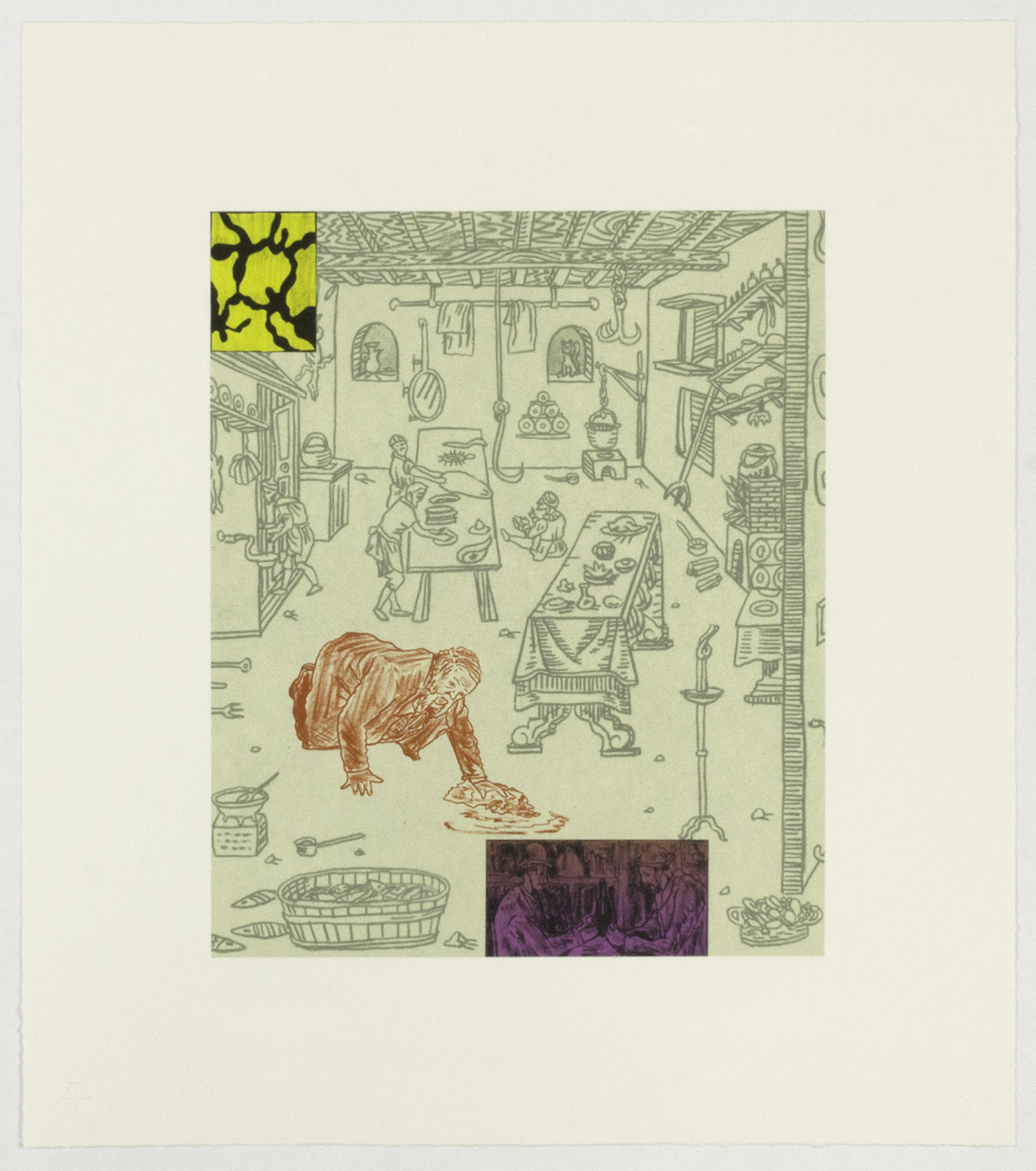 A six-color lithograph depicting a historical interior scene with figures engaged in various domestic activities. The composition features a central figure in reddish-brown tones bending over in the foreground, surrounded by a detailed architectural interior rendered in pale green and black line work. Bright yellow and dark purple rectangular sections are overlaid on the composition, creating a contemporary collage effect that interrupts the traditional engraving-style illustration.