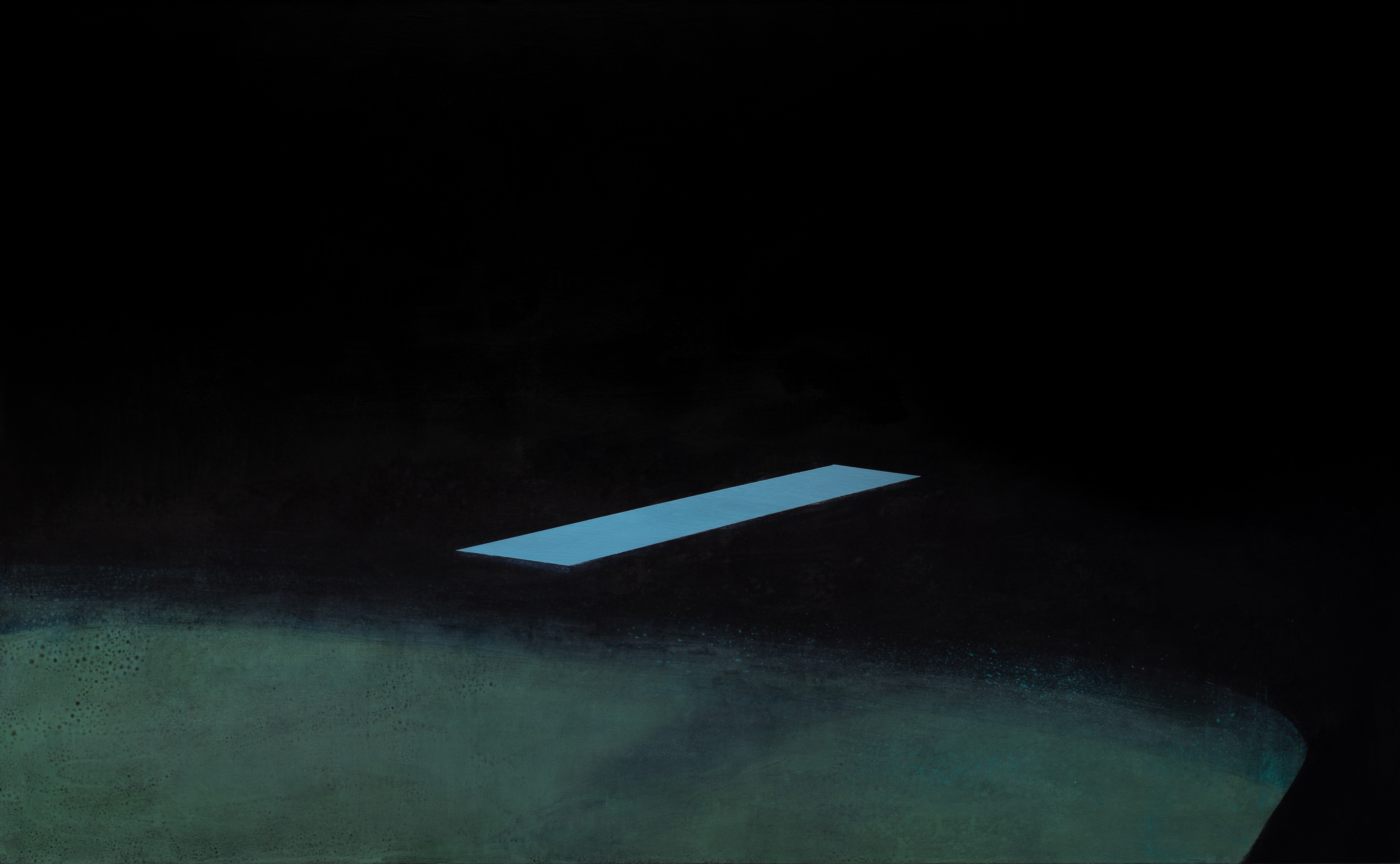 A luminous blue rectangular form hovers against a dark background, its sharp edges contrasting with the soft, textured greenish-gray terrain below. The composition emphasizes isolation and minimalism, with the glowing shape suspended in deep shadow.
