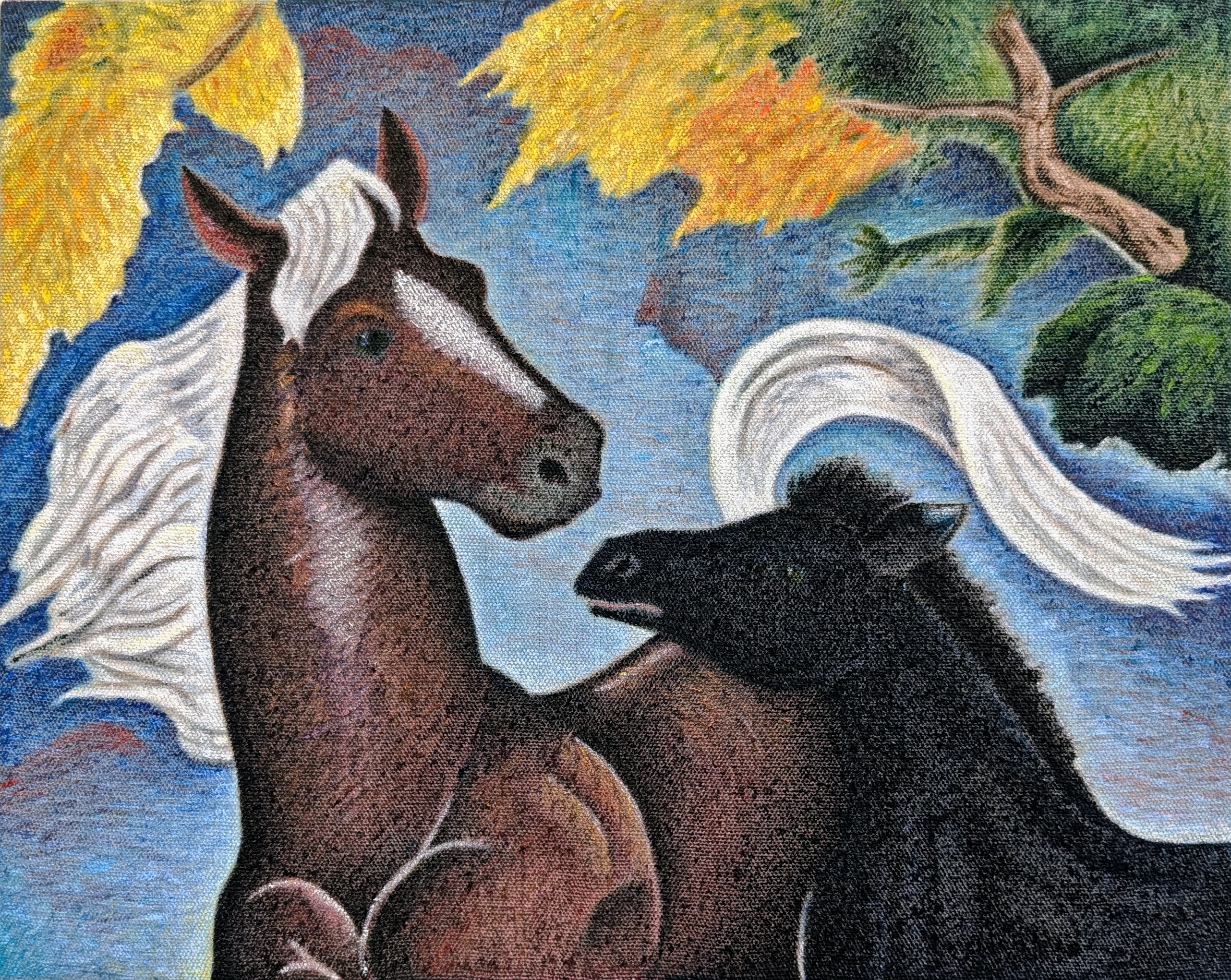 Two horses with flowing white manes face each other against a blue sky, their bodies rendered in rich browns and blacks. Golden autumn foliage and green trees frame the composition, creating a naturalistic yet stylized scene painted in vibrant acrylic colors on canvas.