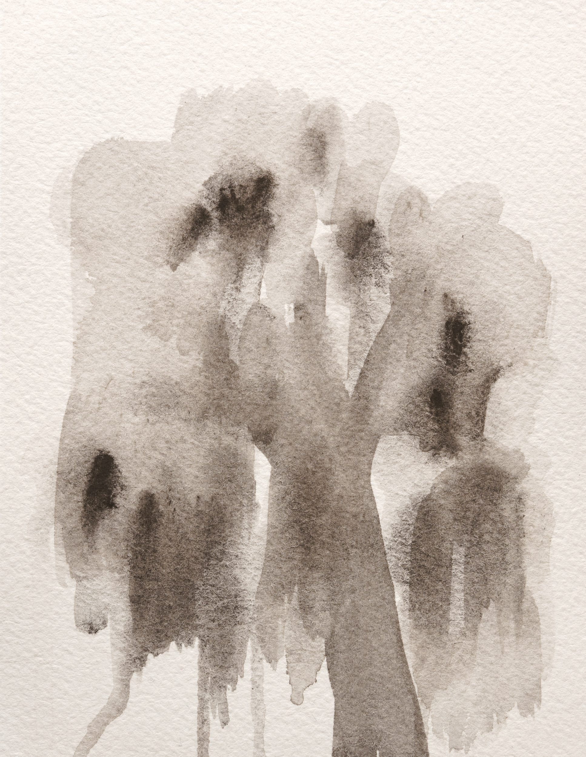 Abstract gouache painting on paper featuring layered, translucent forms in muted grays and browns. The composition shows gestural, dripping brushwork creating ethereal vertical shapes that suggest figures or architectural elements, rendered in soft washes that blur and dissolve into the cream-colored paper surface.