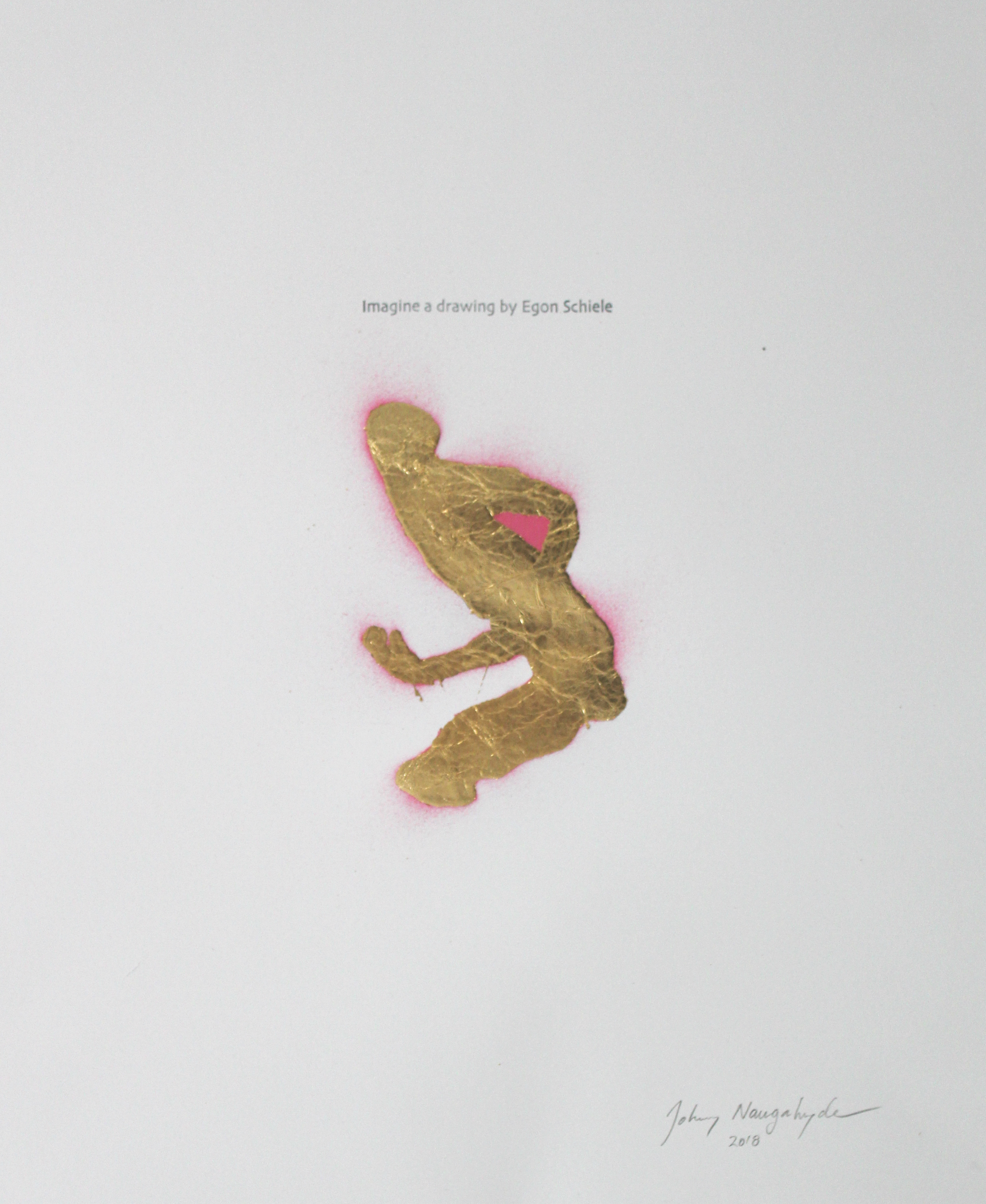 A stylized figure rendered in metallic gold leaf with a vibrant pink aura or halo effect against a light gray background. The dynamic pose shows a contorted human form in an expressive, gestural manner characteristic of early expressionist drawing.