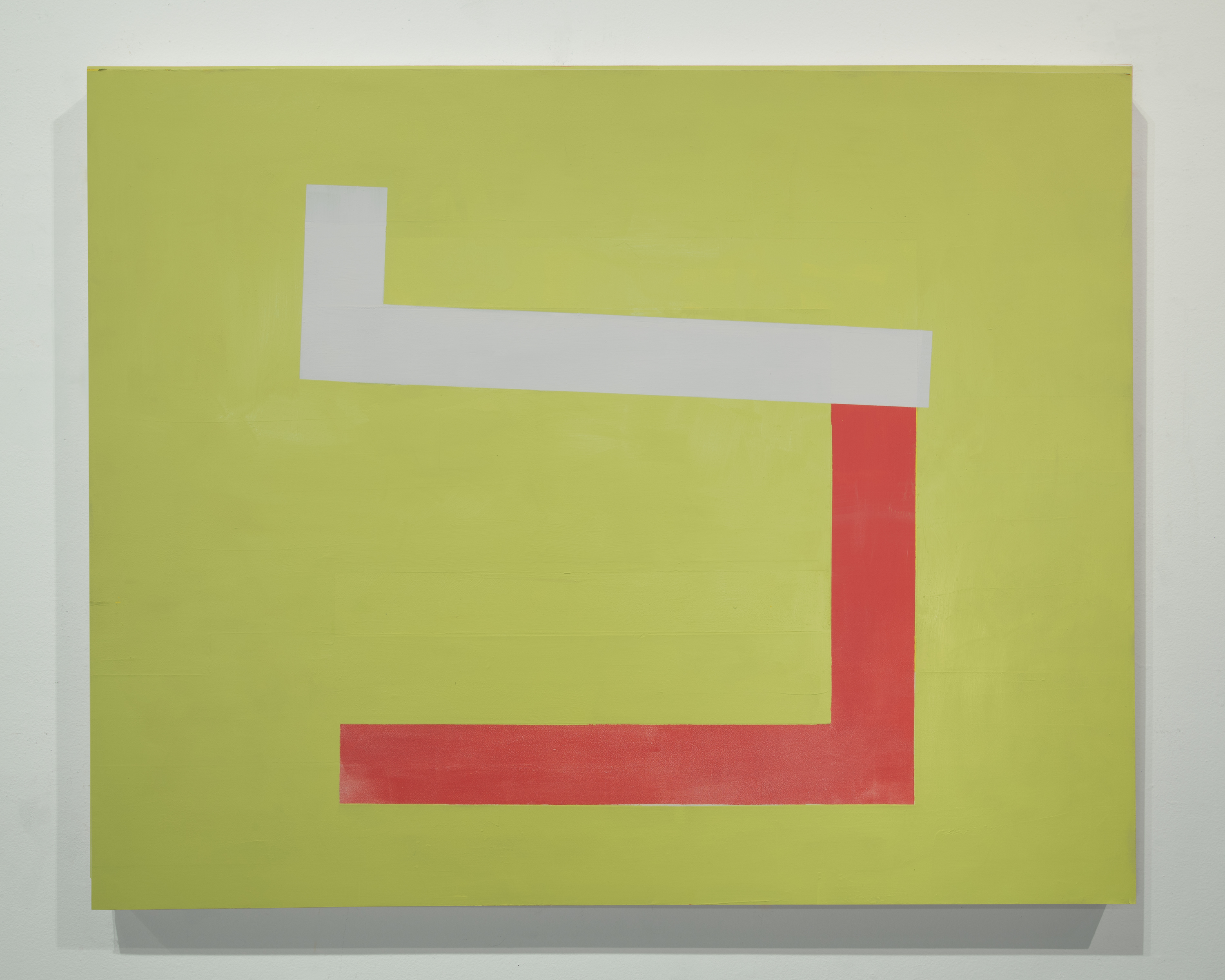 Geometric abstract composition on a chartreuse ground featuring interconnected rectangular shapes in light gray and coral red, arranged in an angular, interlocking configuration that suggests architectural or graphic design elements.