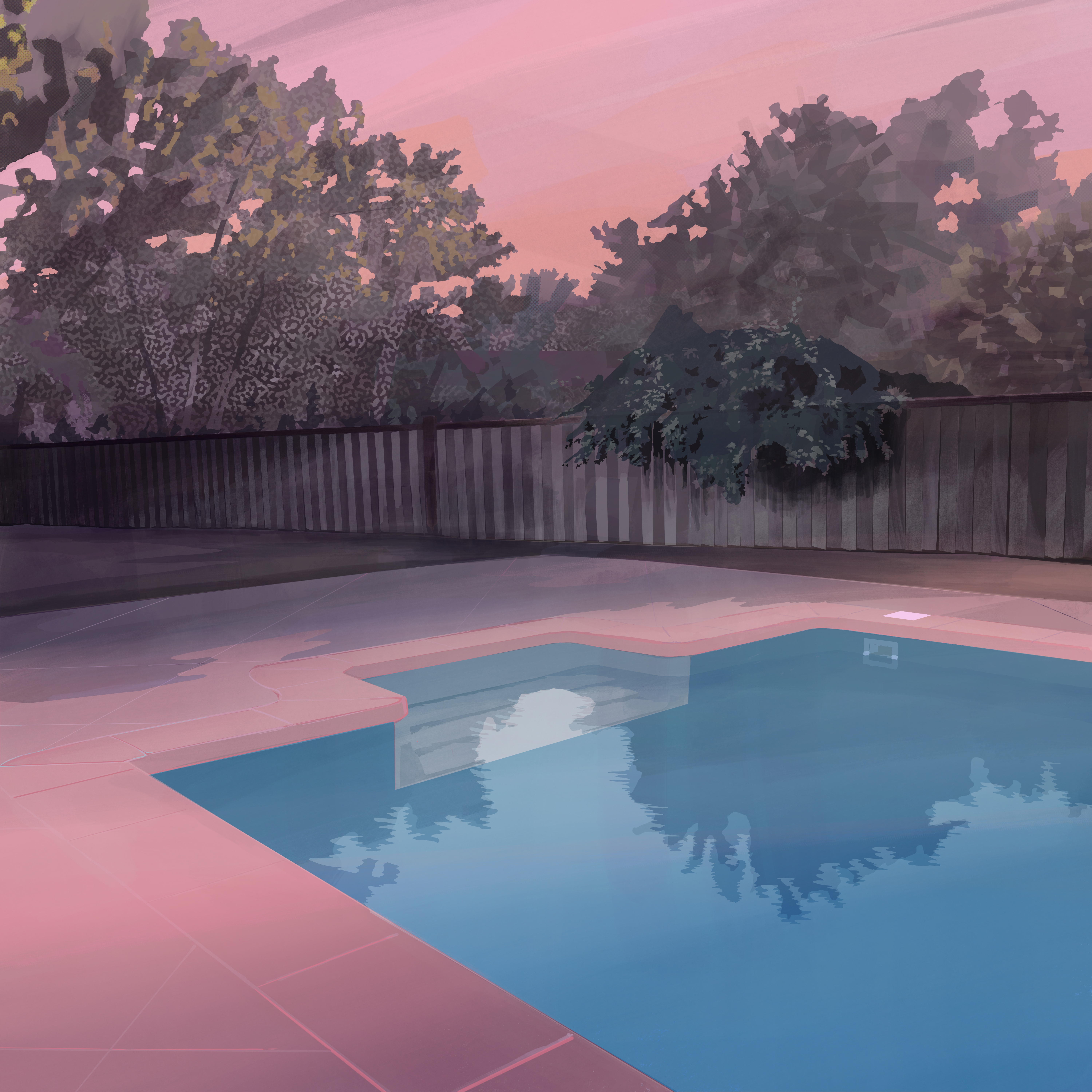 A serene backyard scene rendered in soft pastels featuring a rectangular swimming pool with clear blue water reflecting the pink-tinged sky. A wooden deck surrounds the pool, bordered by a dark fence with a cluster of green foliage. Towering trees silhouetted against a luminous pink and purple sunset dominate the background, creating a dreamlike, stylized landscape.