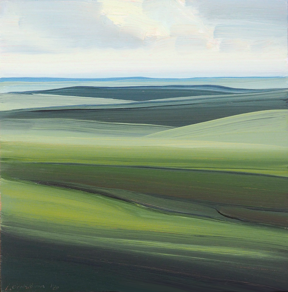 Layered horizontal bands of green and blue create a minimalist landscape, with darker fields in the foreground transitioning to lighter tones toward a distant horizon under a pale, clouded sky. The composition uses soft, sweeping brushstrokes to suggest rolling terrain and atmospheric depth.