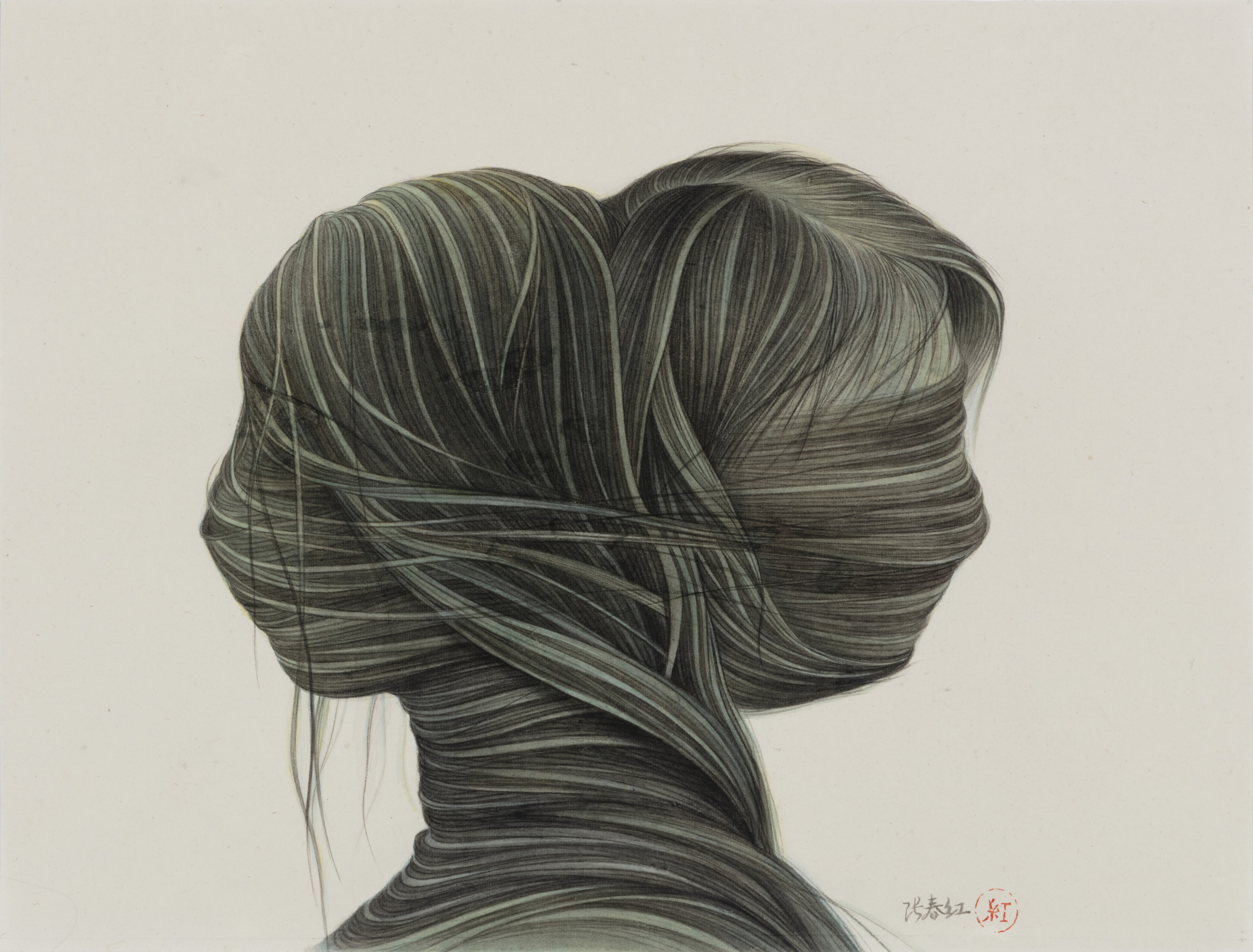 A detailed back-view portrait rendered in graphite and ink shows a figure with long, voluminous hair styled in a distinctive double-bun arrangement. Fine, parallel lines create intricate texture and dimension throughout the hair and neck, while loose strands frame the composition. The minimalist background contrasts with the meticulous linework of the figure.