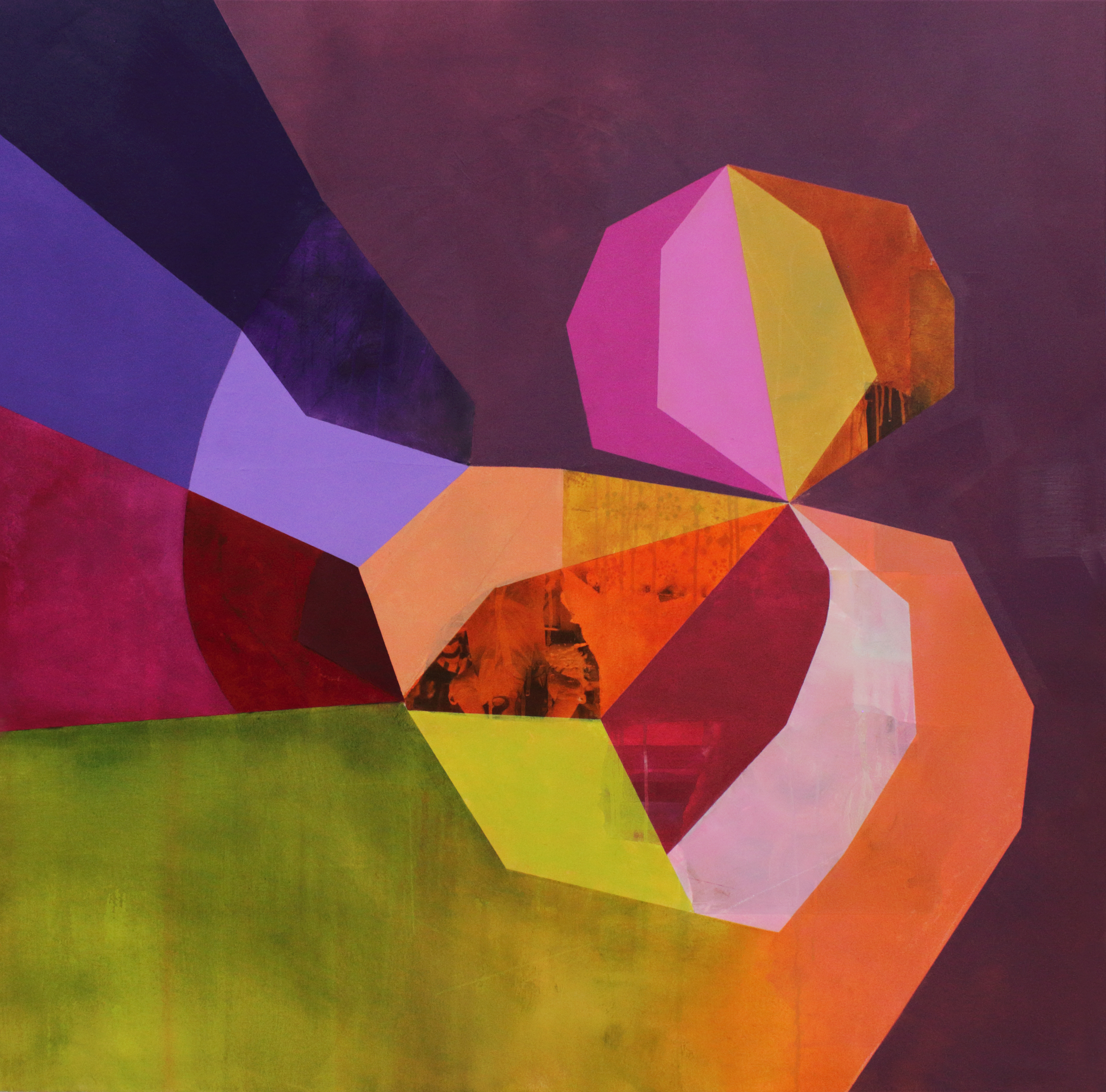Abstract geometric composition featuring two overlapping polyhedron forms rendered in vibrant hues of pink, magenta, yellow, orange, and red against a muted burgundy and purple background. Translucent colored planes create depth and layering effects, with the geometric shapes appearing to float and intersect across the canvas.