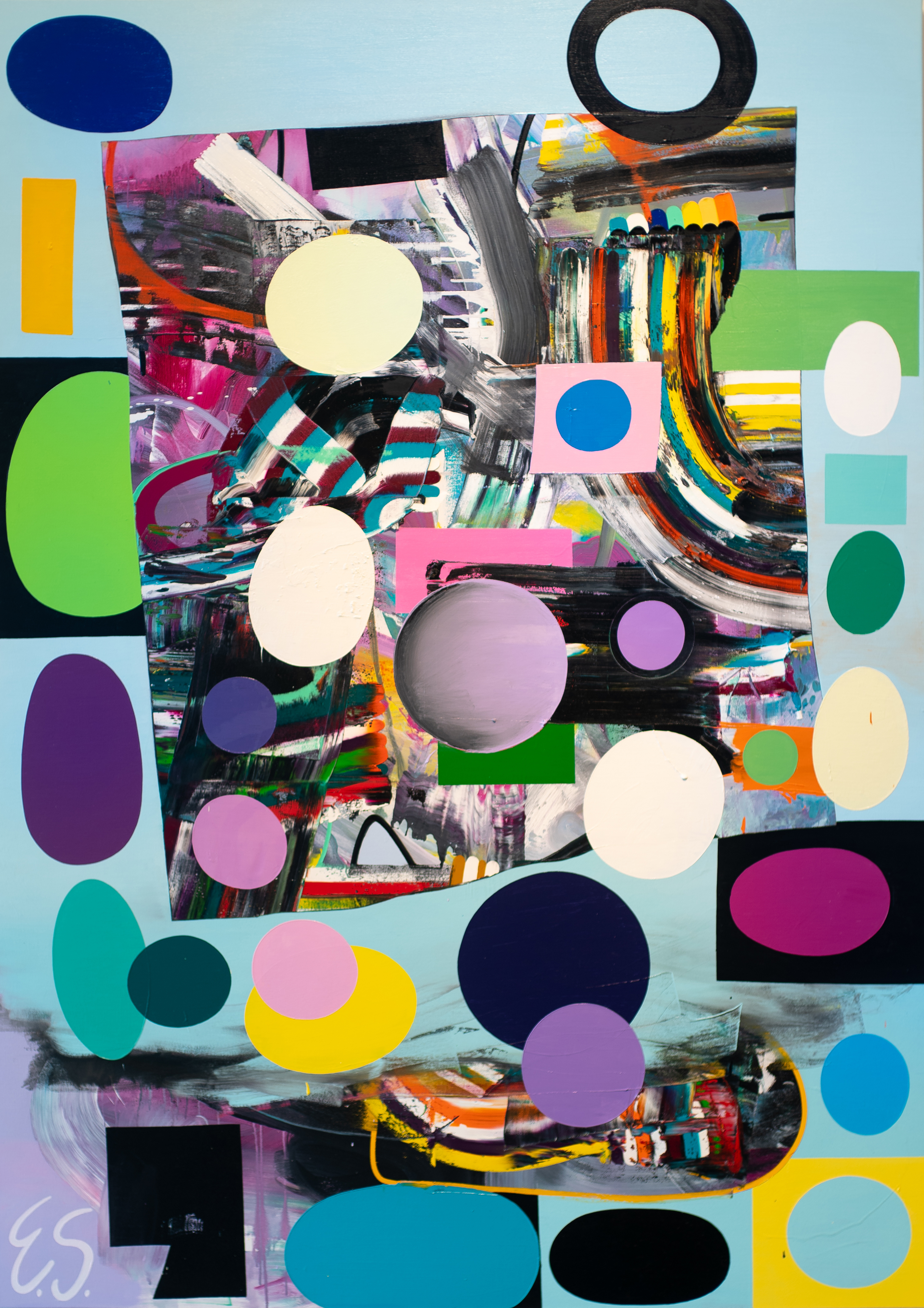 Vibrant mixed-media collage featuring layered abstract imagery in the center surrounded by geometric shapes in bold colors including purple, teal, yellow, pink, and black. Overlapping circles and ovals of varying sizes and opacity create a dynamic composition against a light blue background, with gestural brushwork and textured elements throughout.