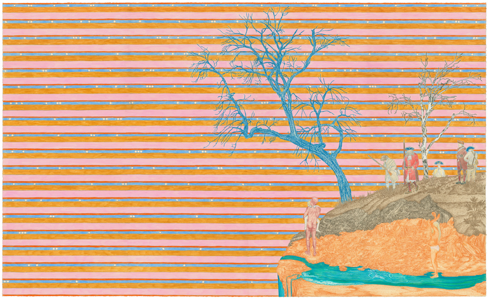 Colorful horizontal stripes in orange, blue, pink, and yellow fill the background, dotted with small white marks. In the foreground, figures in muted tones stand on a rocky hillside overlooking a turquoise body of water, with a gnarled blue tree rising prominently from the landscape.