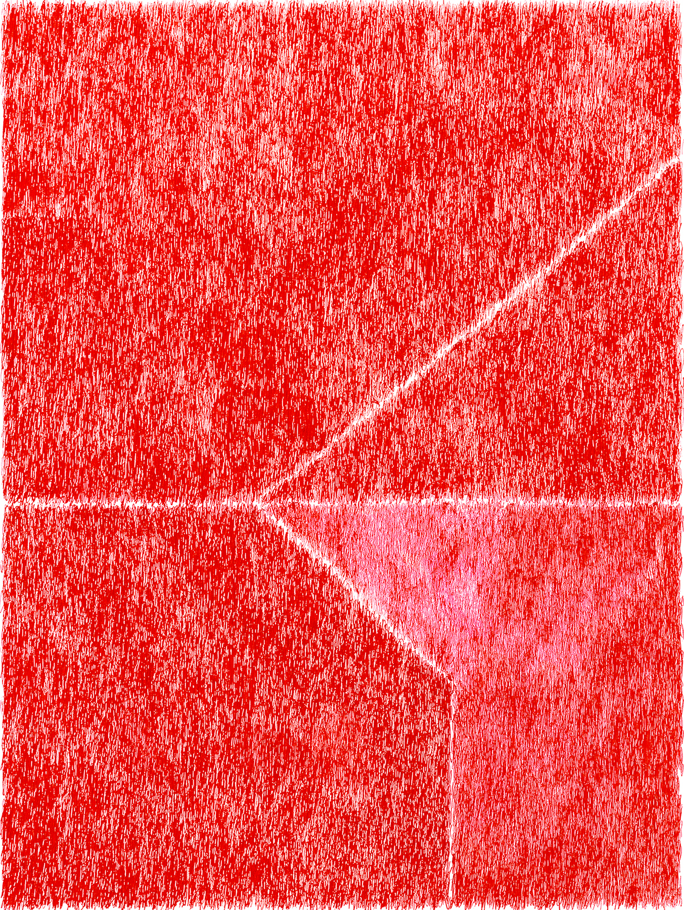 A dense, textured composition in shades of red and pink, dominated by vertical and diagonal line work that creates a scratched, layered surface. Lighter geometric shapes—triangular and angular forms—emerge from the darker red background, creating a sense of depth and movement across the work.