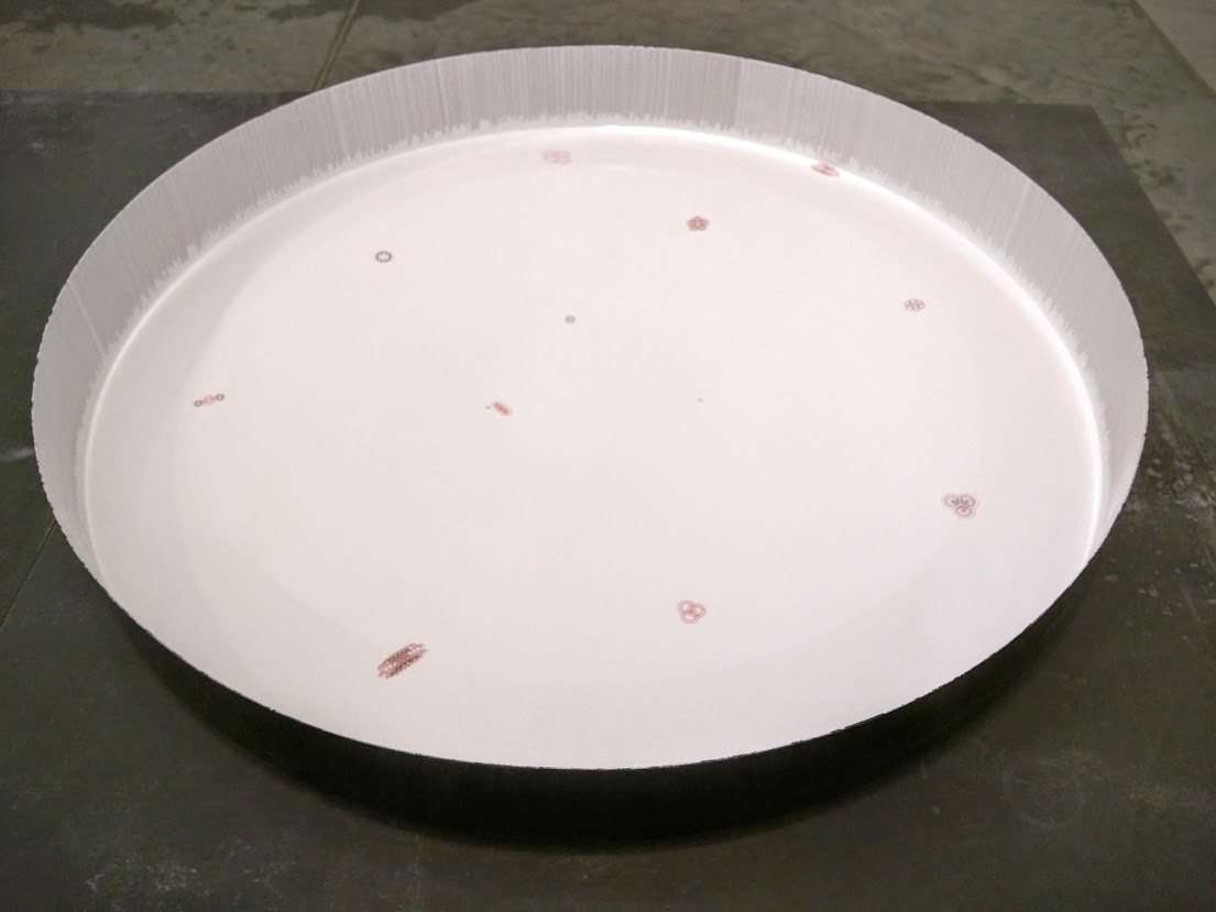 A large white circular bowl with a ribbed rim contains a subtle scatter of small red and gray marks distributed across its interior surface. The marks appear algorithmic or randomly placed, creating a minimalist composition against the pristine white ground.