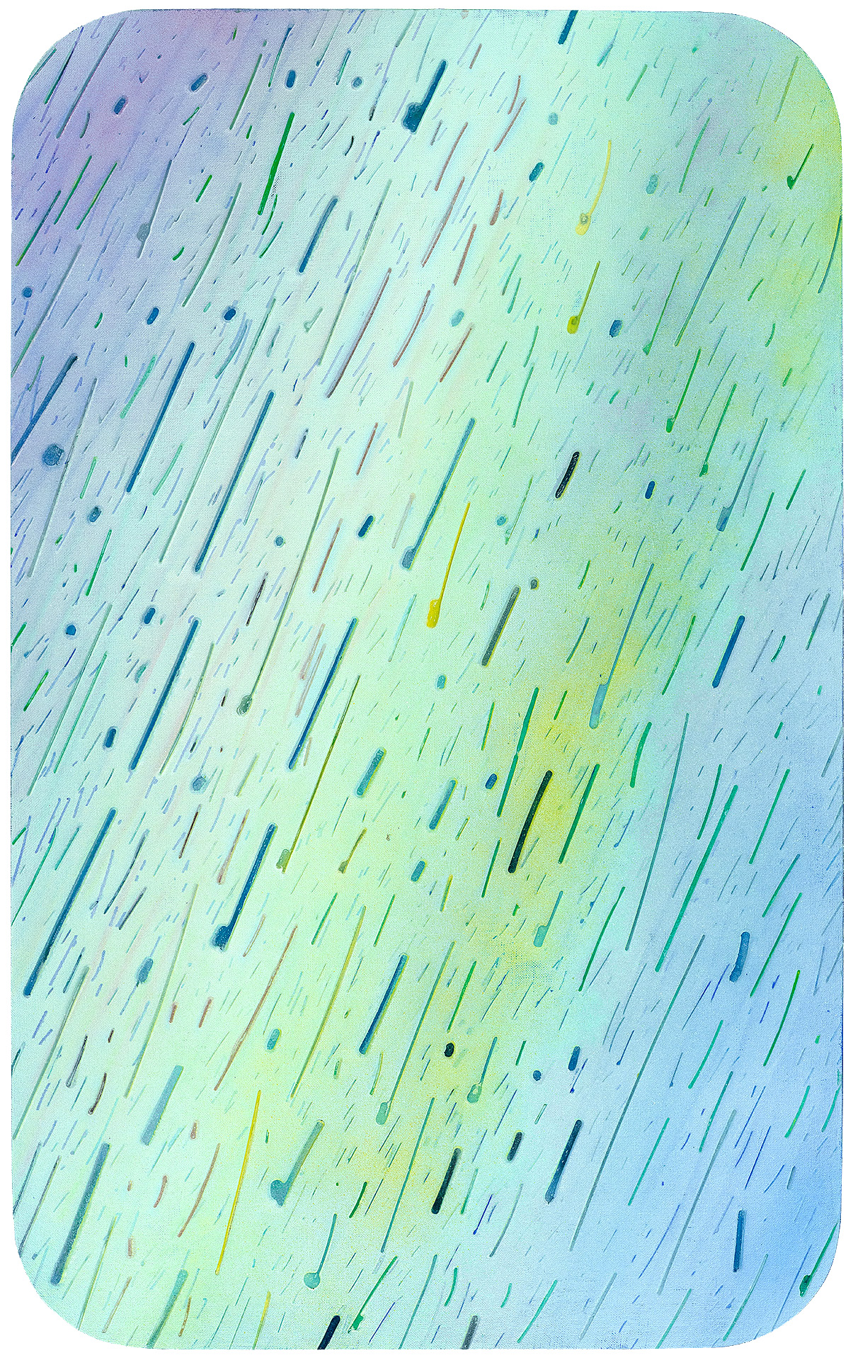 Abstract composition featuring diagonal brushstrokes and marks in shades of blue, green, yellow, and purple that transition across the canvas. The layered, gestural marks suggest movement and flow, creating a soft gradient effect from cool to warm tones.