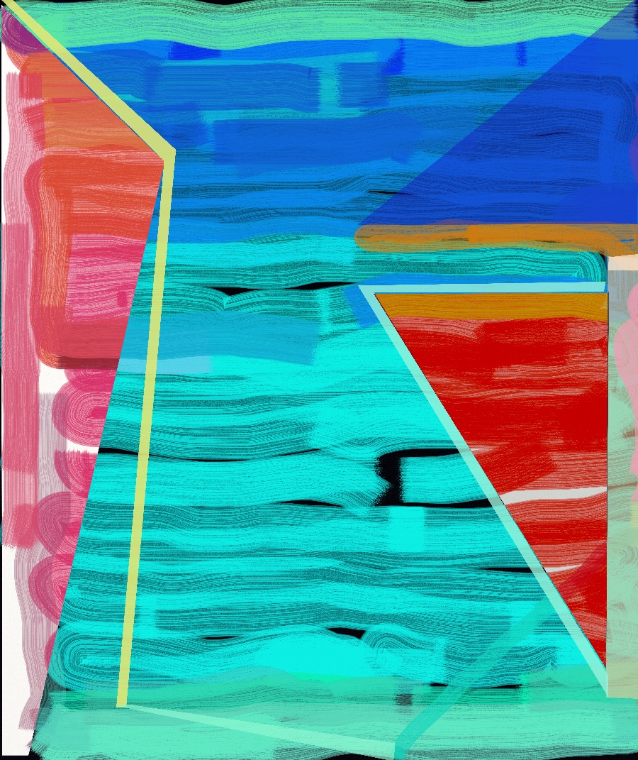 Abstract digital composition featuring bold geometric shapes in vibrant colors including hot pink, red, cyan, and deep blue, with horizontal brushstroke textures creating a sense of movement and depth. A yellow line bisects the left side while angular white forms create spatial recession, evoking a stylized landscape or interior space.
