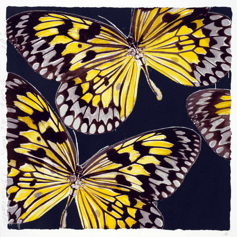 Three yellow and dark brown butterflies with detailed wing patterns rendered in vibrant colors against a deep navy background, created using silkscreen printing with textured flocking that adds dimension to the composition.