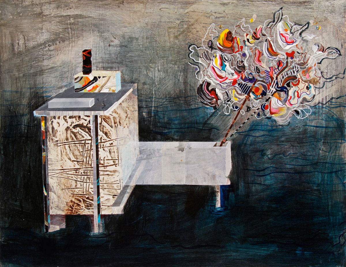 An abstract composition featuring a white geometric structure resembling a pedestal or altar on the left side, set against a dark textured background rendered in blacks and teals. A colorful, explosive burst of red, orange, yellow, and black forms erupts from the top right, connected to the structure by a brushstroke-like element, suggesting movement and energy emanating from the offering vessel.