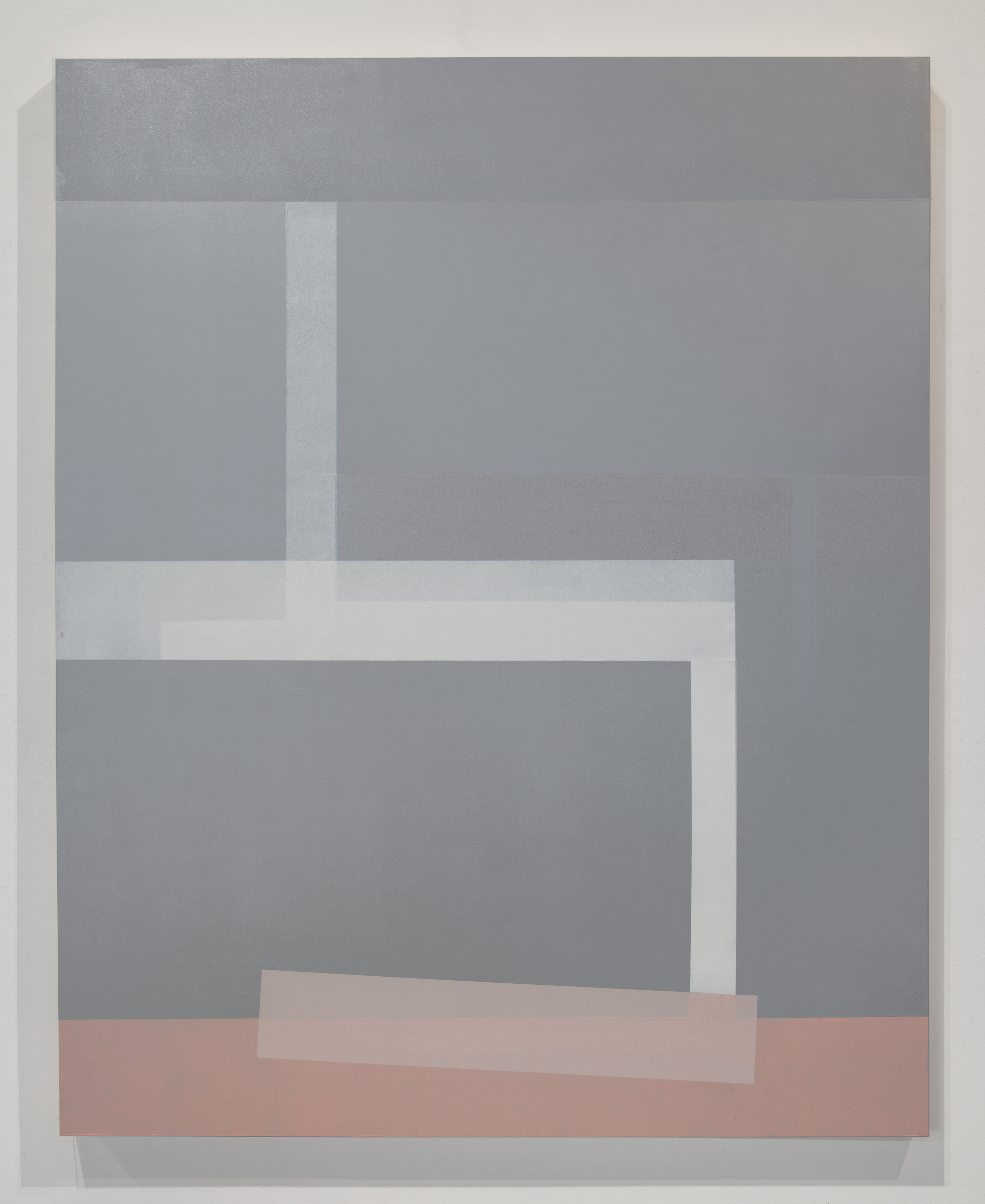 Abstract composition featuring geometric rectangular forms in varying shades of gray, white, and muted mauve, arranged in an overlapping, layered arrangement against a light neutral background. The subdued color palette and soft edges create a minimalist, contemplative aesthetic.