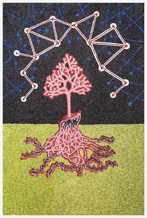 A stylized tree with branching roots extends upward from a yellow-green ground against a dark starry sky. Above the tree, an interconnected network of geometric lines and nodes in pale pink forms an abstract constellation or neural pattern, echoed in blue throughout the background. The composition employs cut paper, paint, and glitter creating a textured, mixed-media surface.