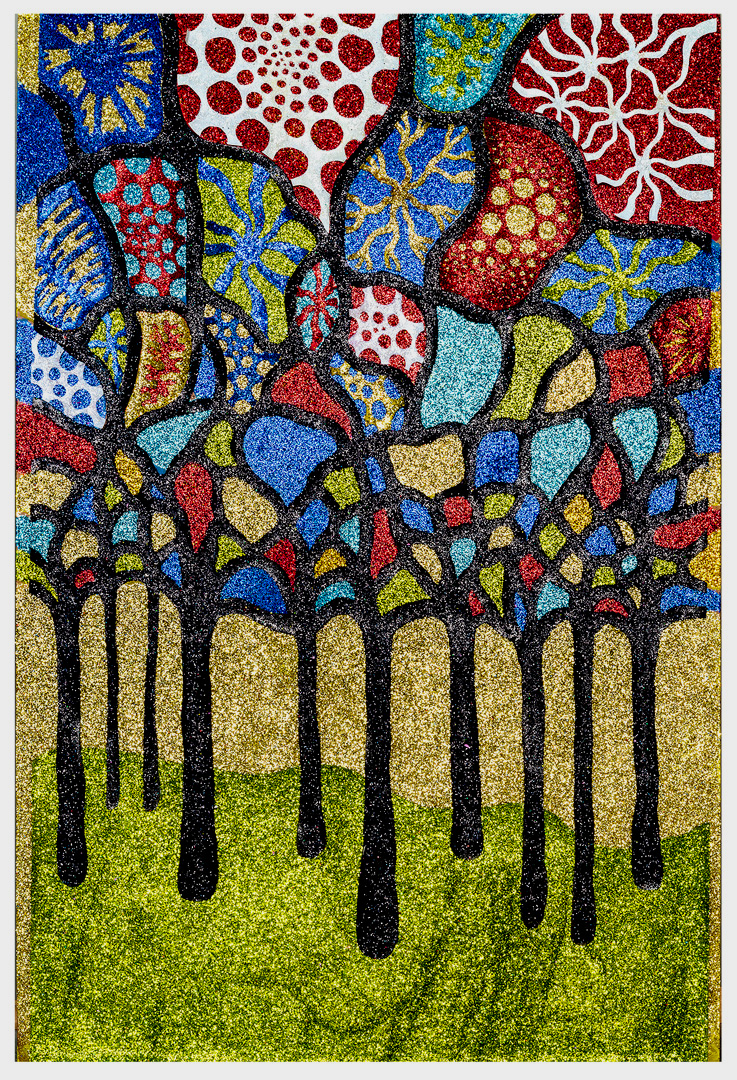 Vibrant mixed-media composition featuring a densely patterned upper section with colorful glittered shapes in blue, red, yellow, and cyan, adorned with ornamental motifs, transitioning into vertical black dripping forms that descend into a lime-green textured ground below.