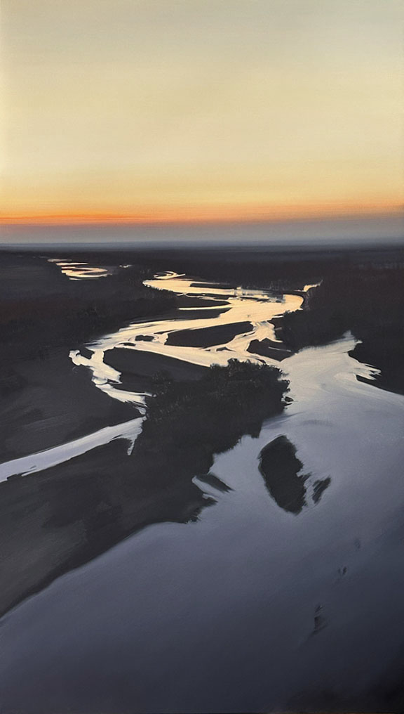 Aerial view of a winding river catching golden light at sunset, its meandering path cutting through a dark forested landscape dotted with small islands, rendered in warm oranges and cool grays against a dusky sky.
