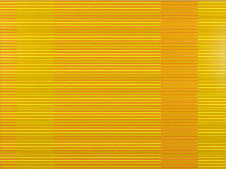 Horizontal stripes in varying shades of yellow and gold traverse the composition, creating a rhythmic pattern across the surface. A vertical band of deeper orange bisects the center, breaking the striped field with a solid, contrasting form.