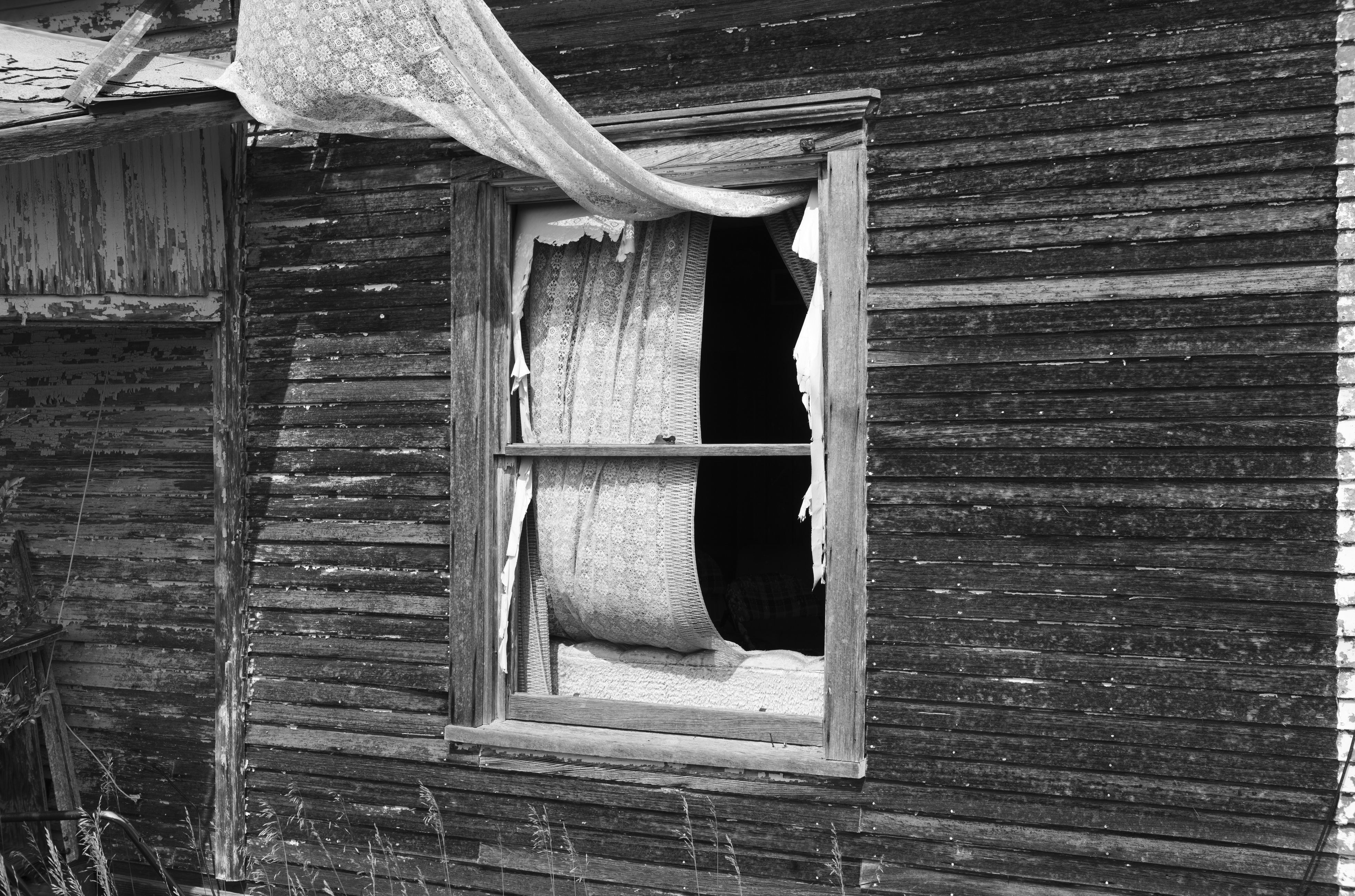 Black and white photograph of a dilapidated wooden structure with weathered horizontal planks. Through an open window frame, rolled fabric or textiles are visible inside the dark interior, with sheer cloth also draped from the roof above. The composition emphasizes decay and abandonment through stark contrast and texture.