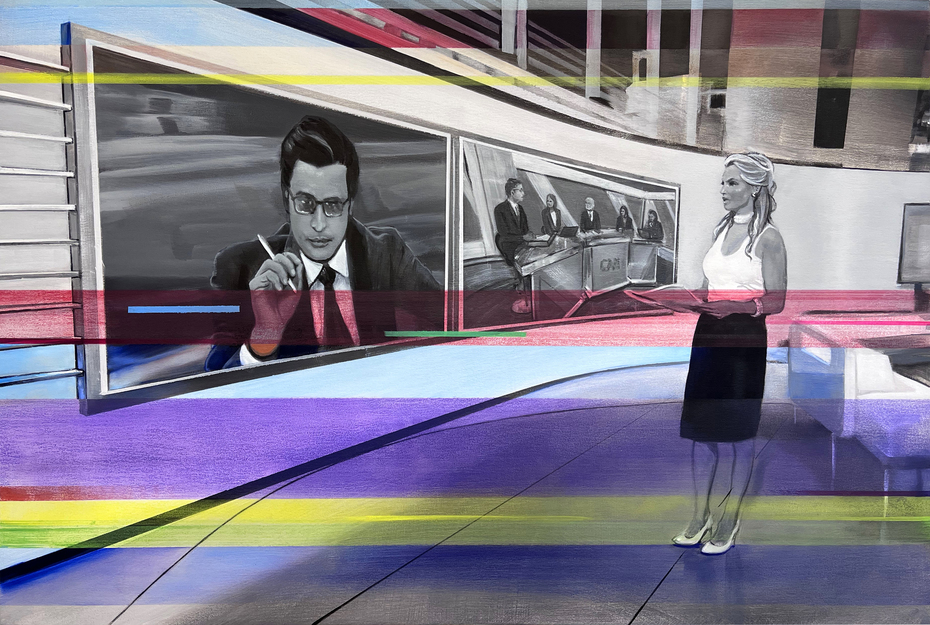 A surreal interior space depicts a blonde woman standing in a television studio set with a colorful striped floor in purple, blue, yellow, and pink. Behind her, large panels display black and white illustrations of news broadcasters and studio scenes. Vibrant horizontal color bands frame the composition, creating a dreamlike abstraction of a media environment.